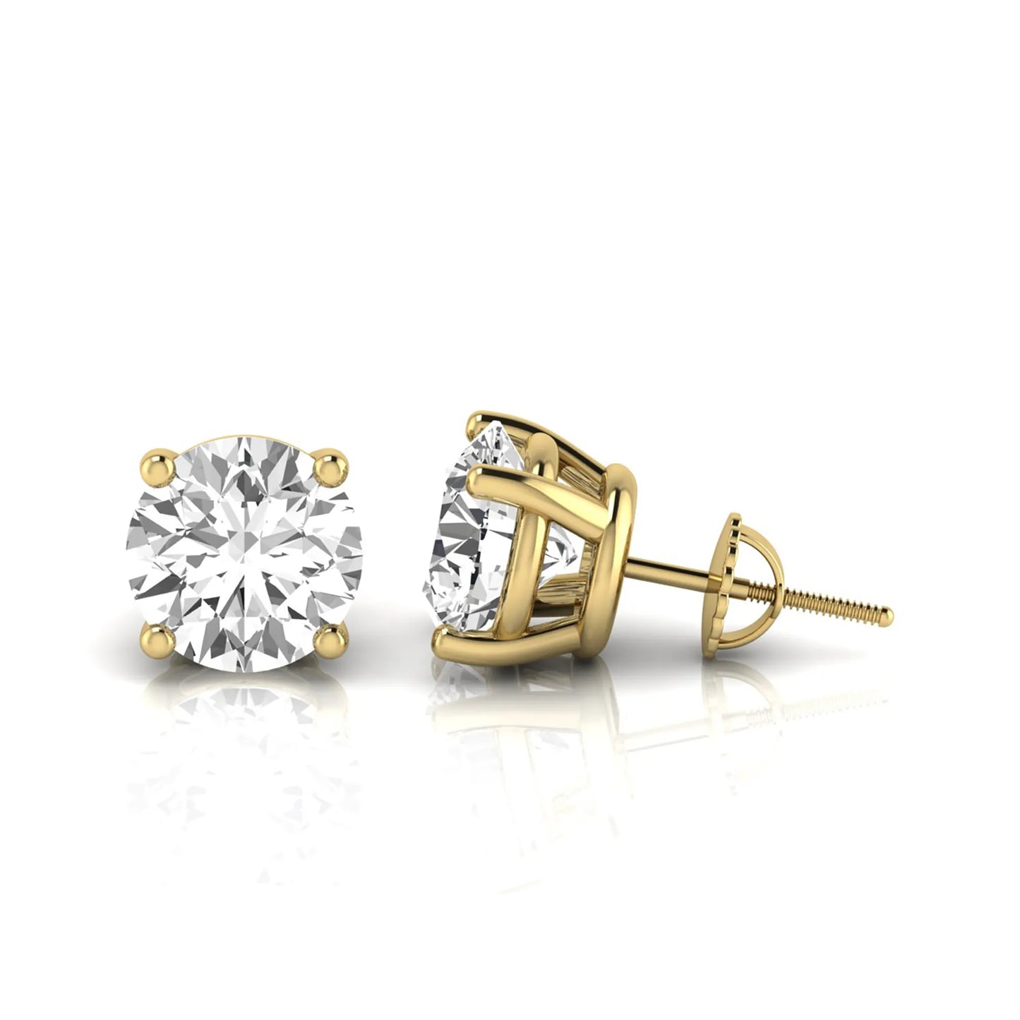 Round cut lab grown diamond stud earrings featuring a classic four-prong setting with secure screw back closure in a yellow gold tone.