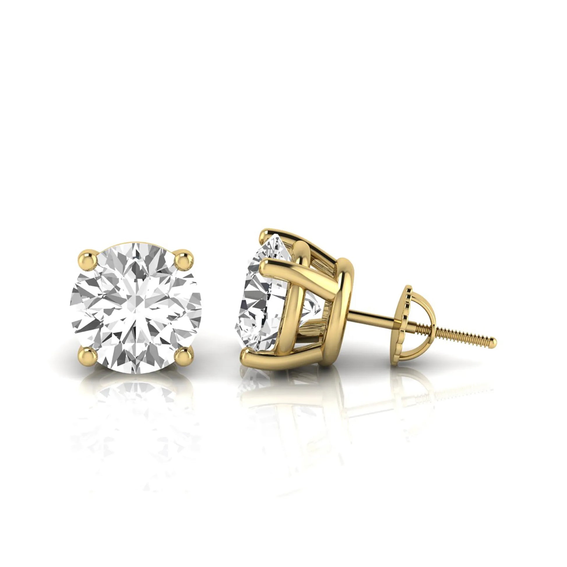 Round cut lab grown diamond stud earrings featuring a classic four-prong setting with secure screw back closure in a yellow gold tone.