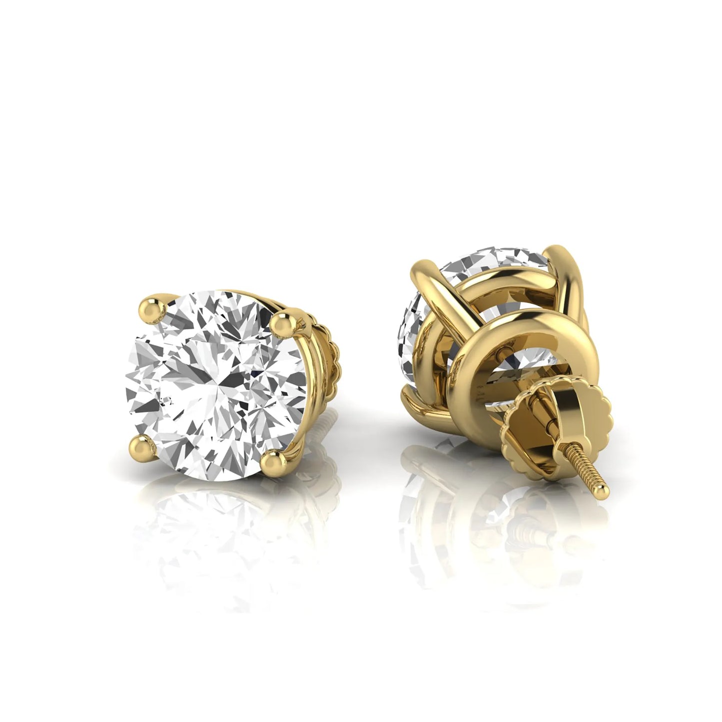 Round cut lab grown diamond stud earrings featuring a classic four-prong setting with secure screw back closure in a yellow gold tone.