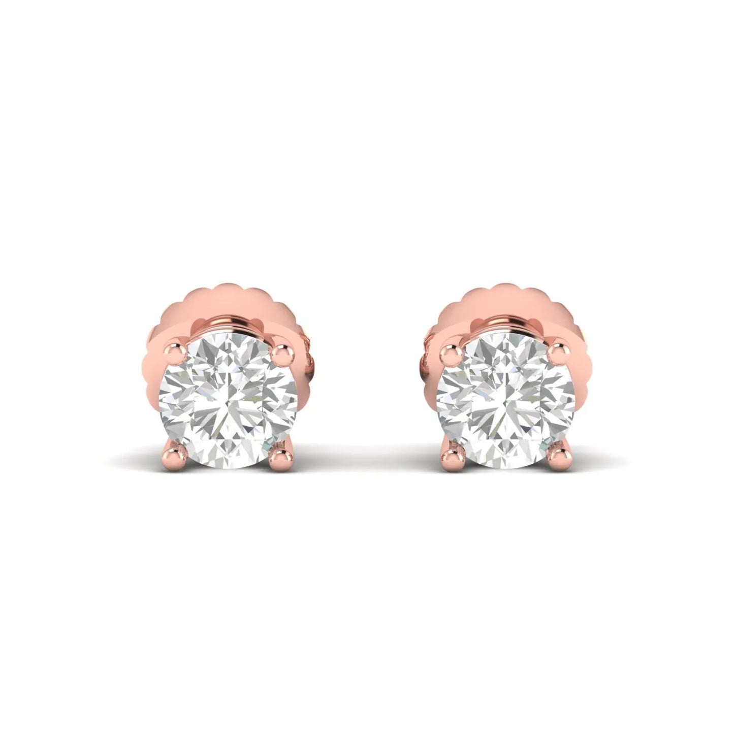 Round cut lab grown diamond solitaire stud earrings in a four-prong setting with secure screw back closure and rose gold tone.