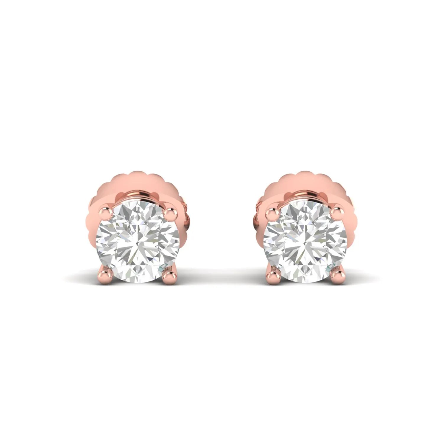 Round cut lab grown diamond solitaire stud earrings in a four-prong setting with secure screw back closure and rose gold tone.