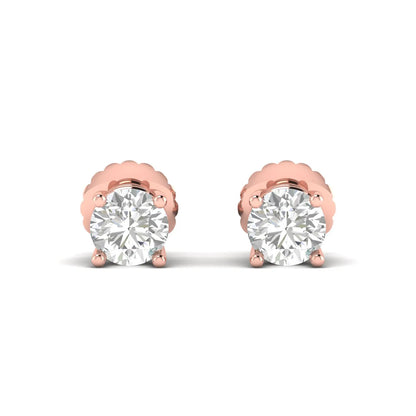 Round cut lab grown diamond solitaire stud earrings in a four-prong setting with secure screw back closure and rose gold tone.