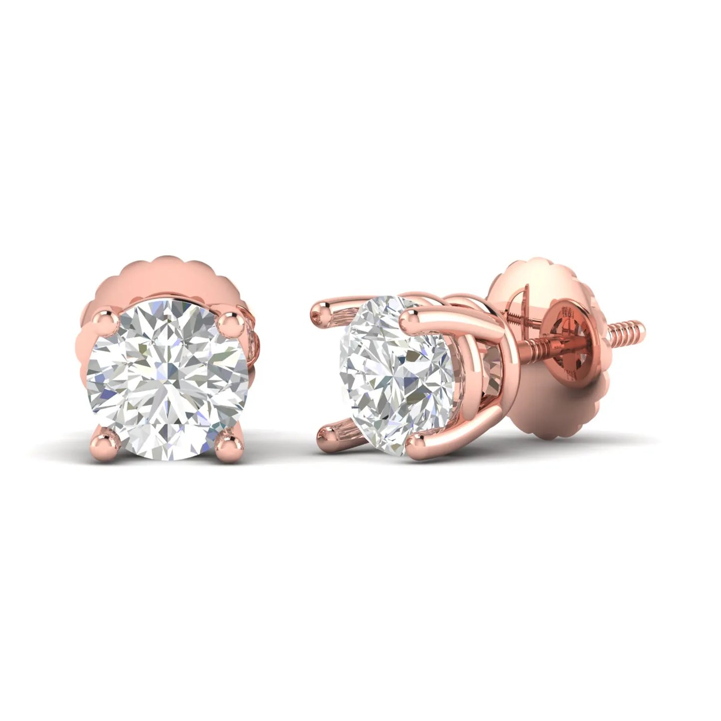 Round cut lab grown diamond solitaire stud earrings in a four-prong setting with secure screw back closure and rose gold tone.
