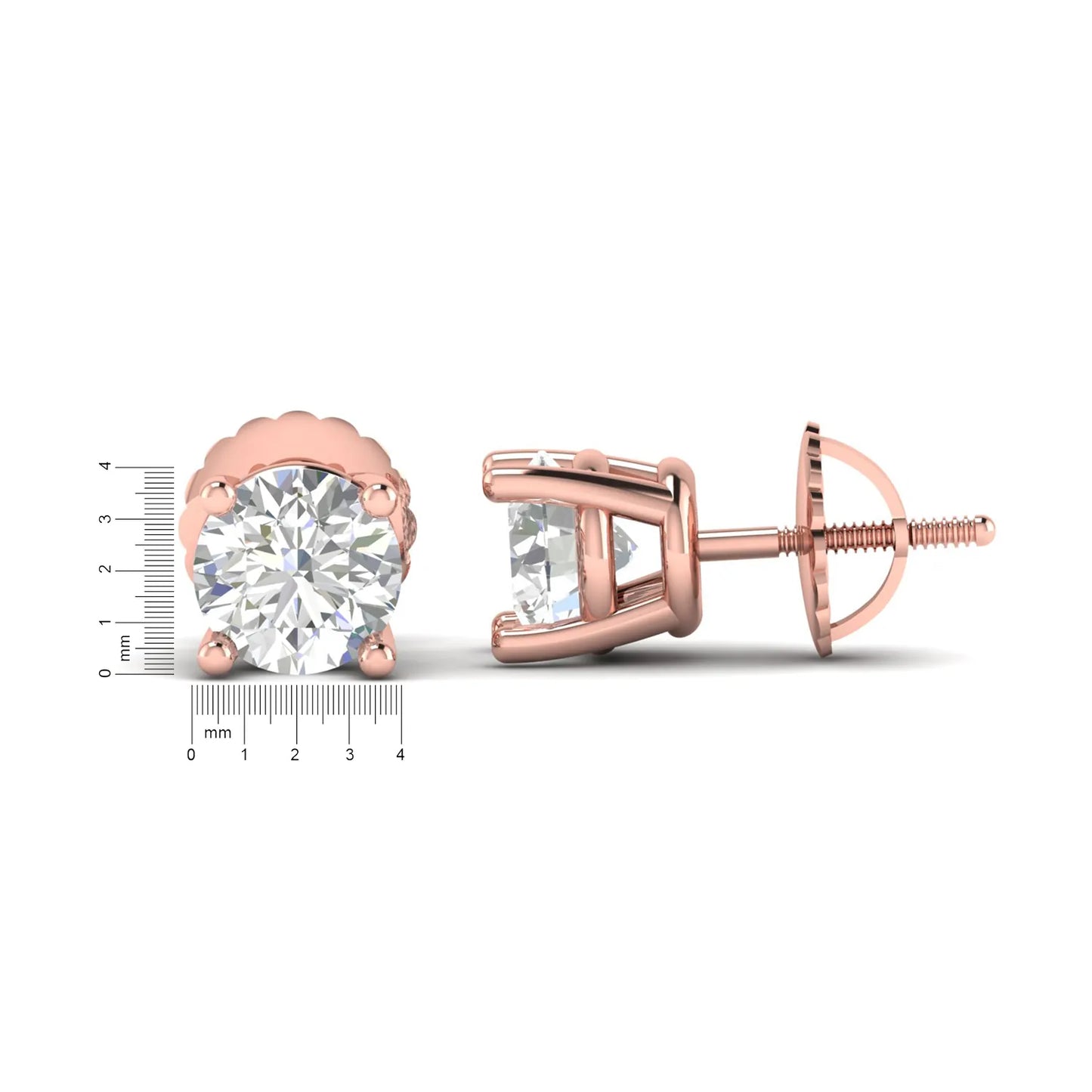 Round cut lab grown diamond solitaire stud earrings in a four-prong setting with secure screw back closure and rose gold tone.