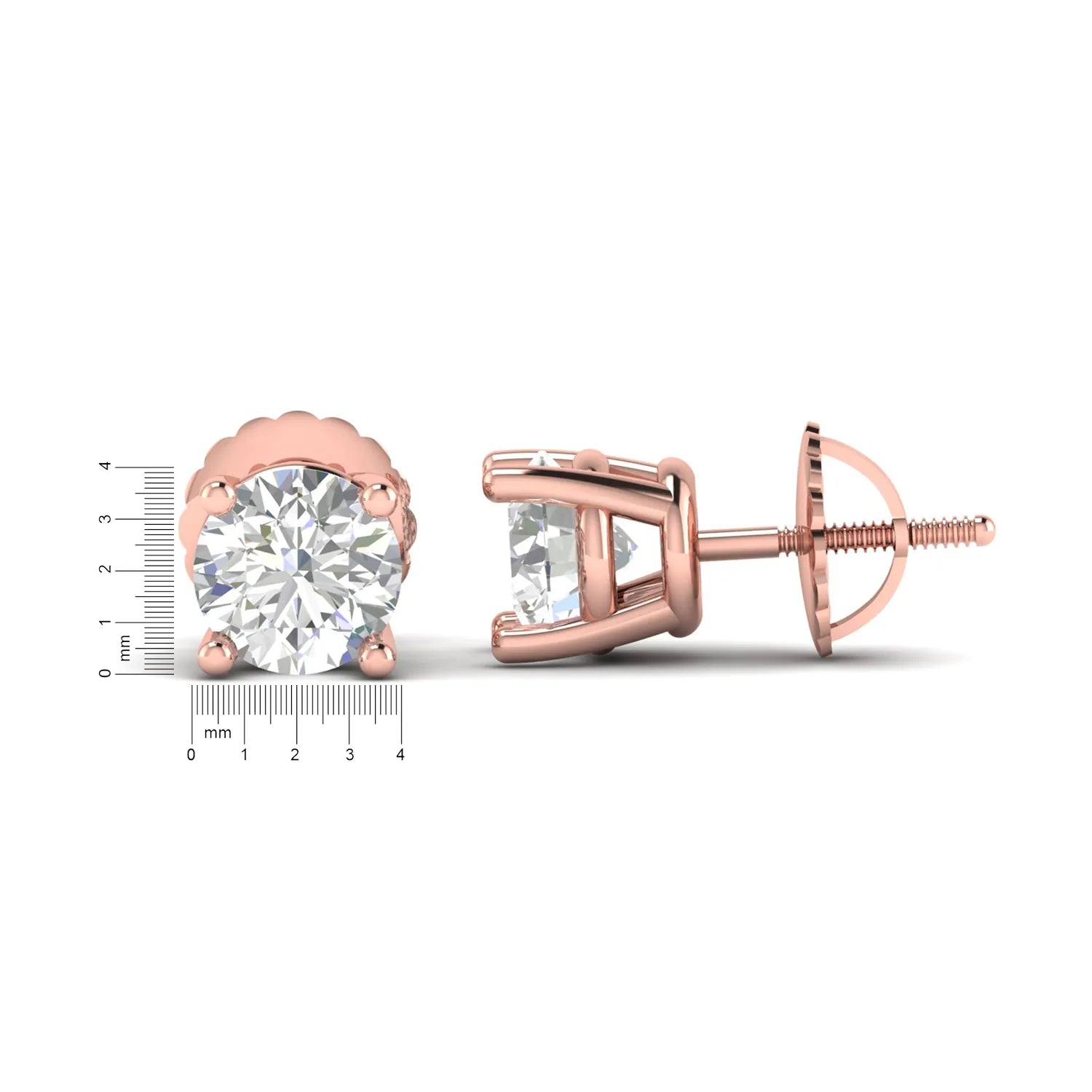 Round cut lab grown diamond solitaire stud earrings in a four-prong setting with secure screw back closure and rose gold tone.