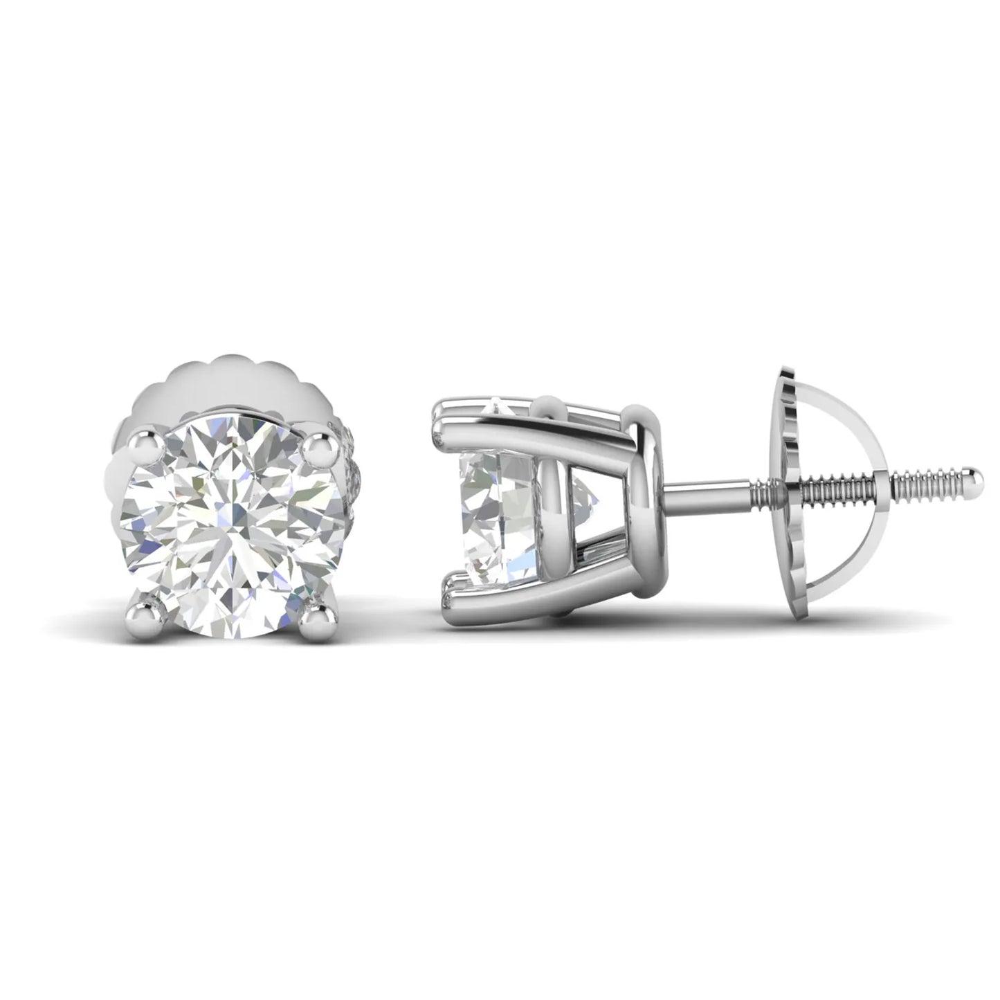 Round cut lab grown diamond solitaire stud earrings in a four-prong setting with secure screw back closure and white gold tone.