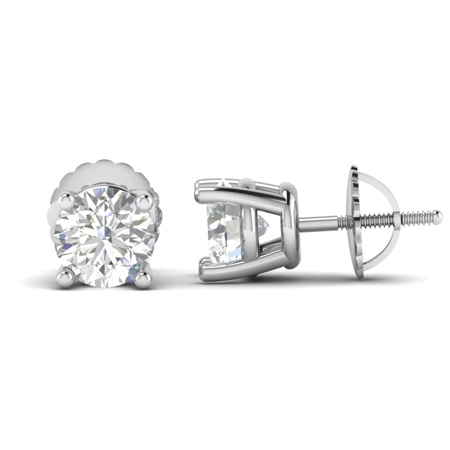 Round cut lab grown diamond solitaire stud earrings in a four-prong setting with secure screw back closure and white gold tone.