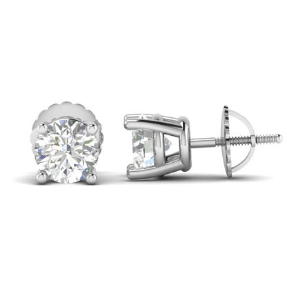 Round cut lab grown diamond solitaire stud earrings in a four-prong setting with secure screw back closure and white gold tone.
