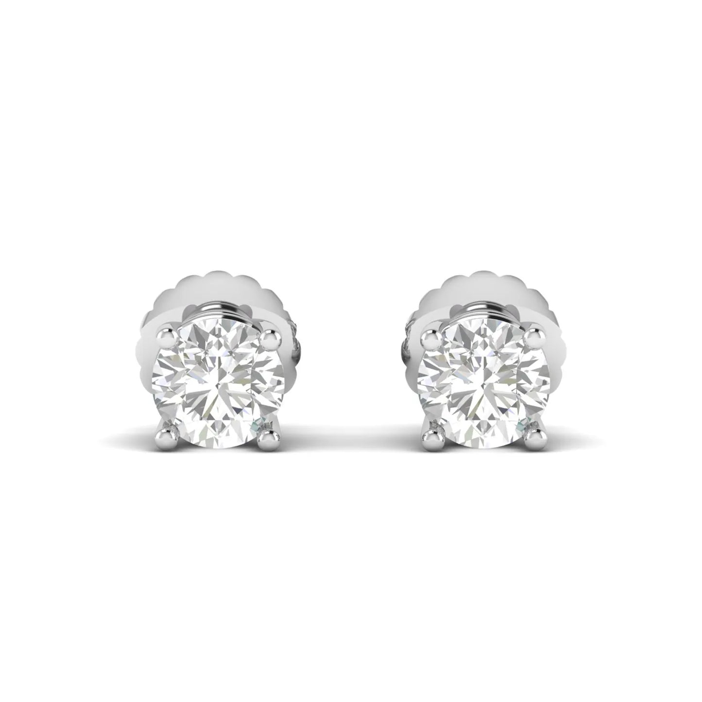 Round cut lab grown diamond solitaire stud earrings in a four-prong setting with secure screw back closure and white gold tone.