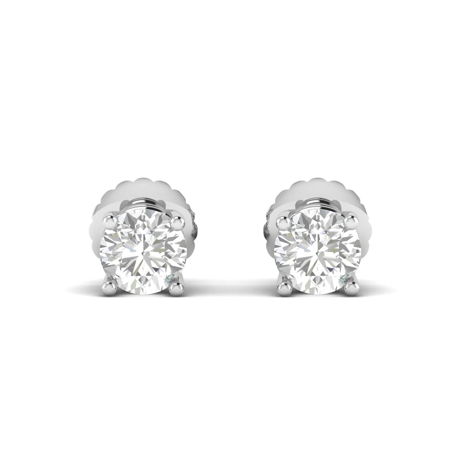 Round cut lab grown diamond solitaire stud earrings in a four-prong setting with secure screw back closure and white gold tone.