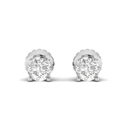 Round cut lab grown diamond solitaire stud earrings in a four-prong setting with secure screw back closure and white gold tone.