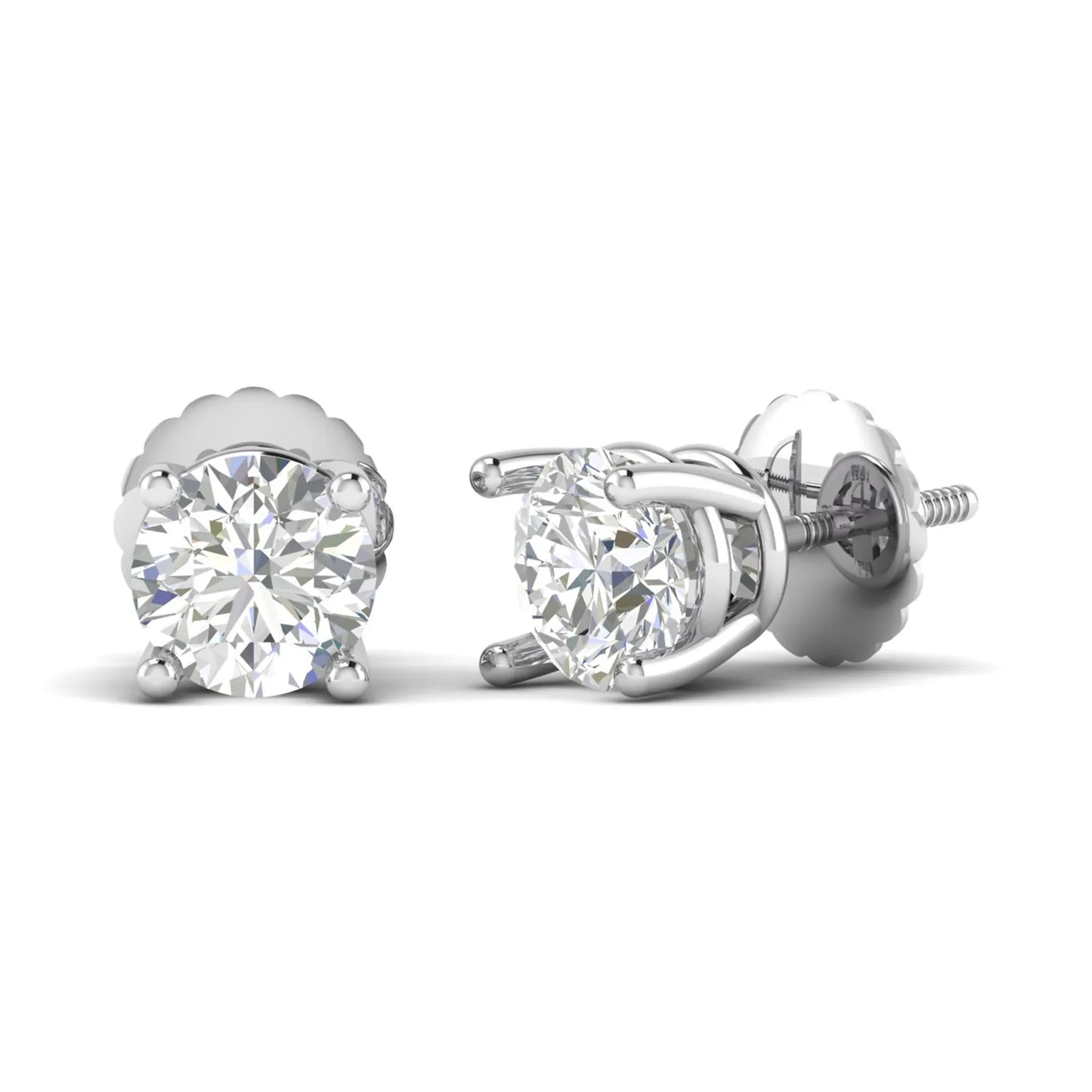 Round cut lab grown diamond solitaire stud earrings in a four-prong setting with secure screw back closure and white gold tone.