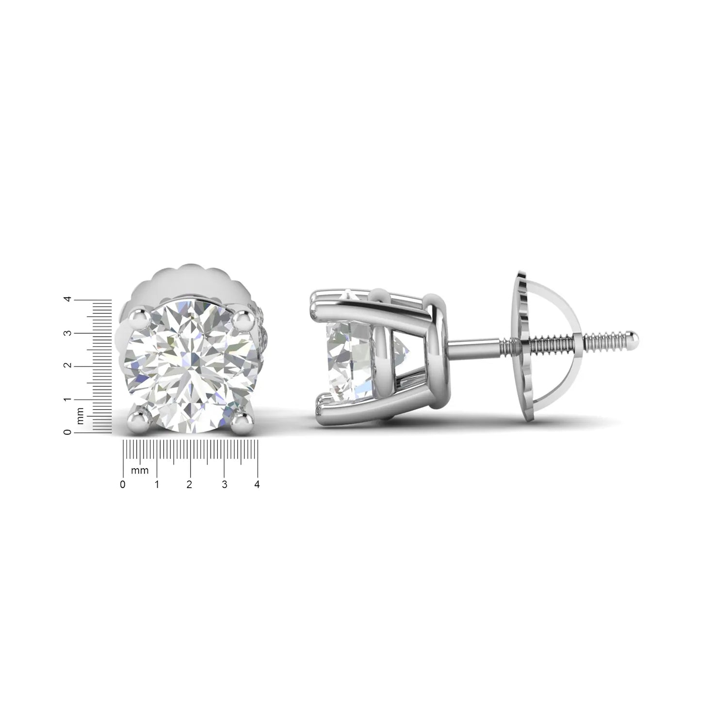 Round cut lab grown diamond solitaire stud earrings in a four-prong setting with secure screw back closure and white gold tone.