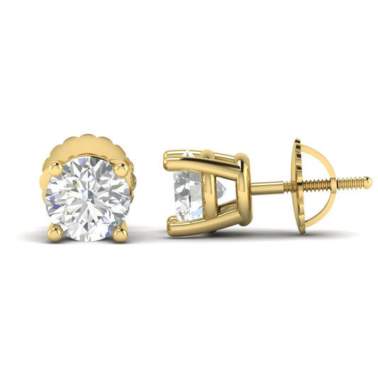Round cut lab grown diamond solitaire stud earrings in a four-prong setting with secure screw back closure and yellow gold tone.