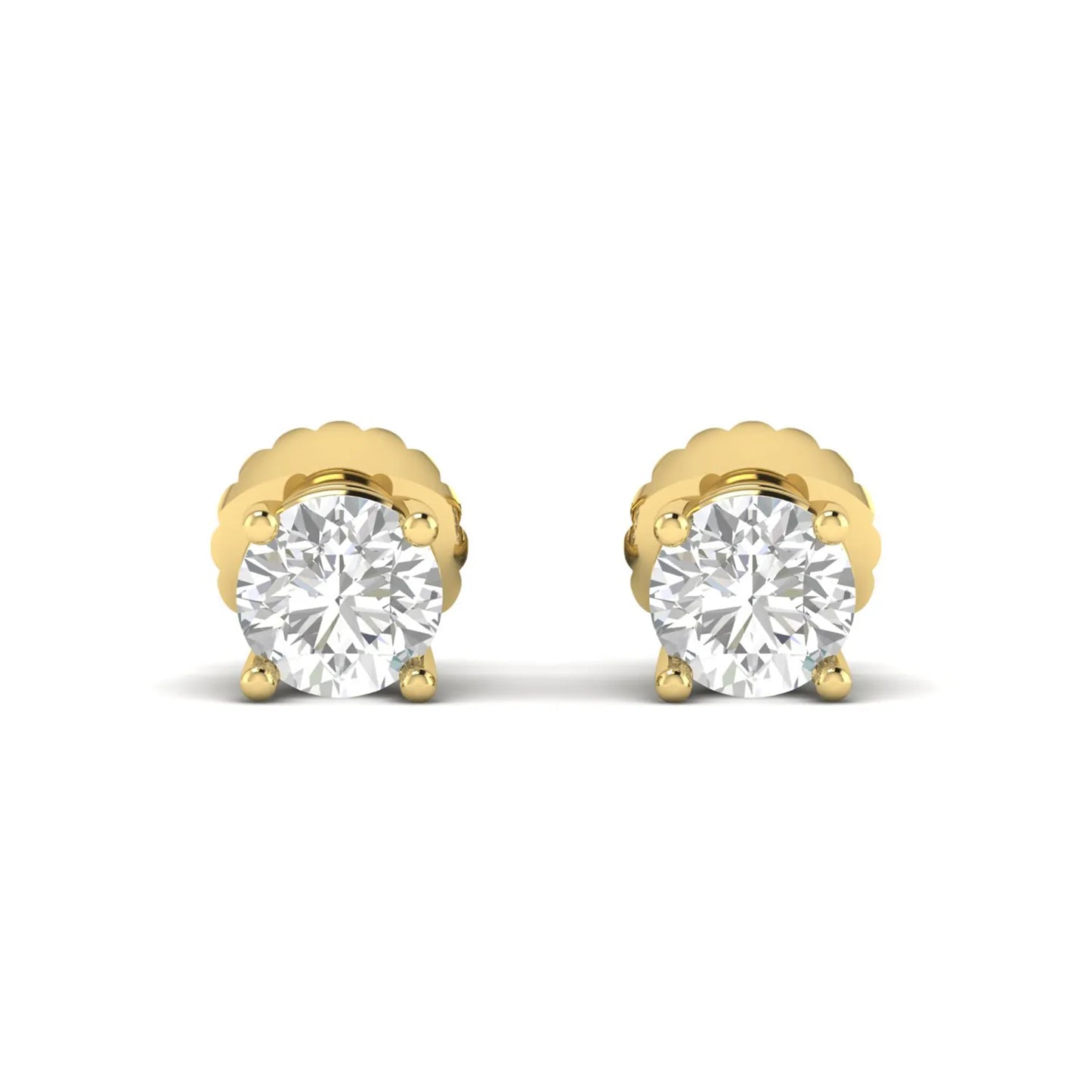 Round cut lab grown diamond solitaire stud earrings in a four-prong setting with secure screw back closure and yellow gold tone.