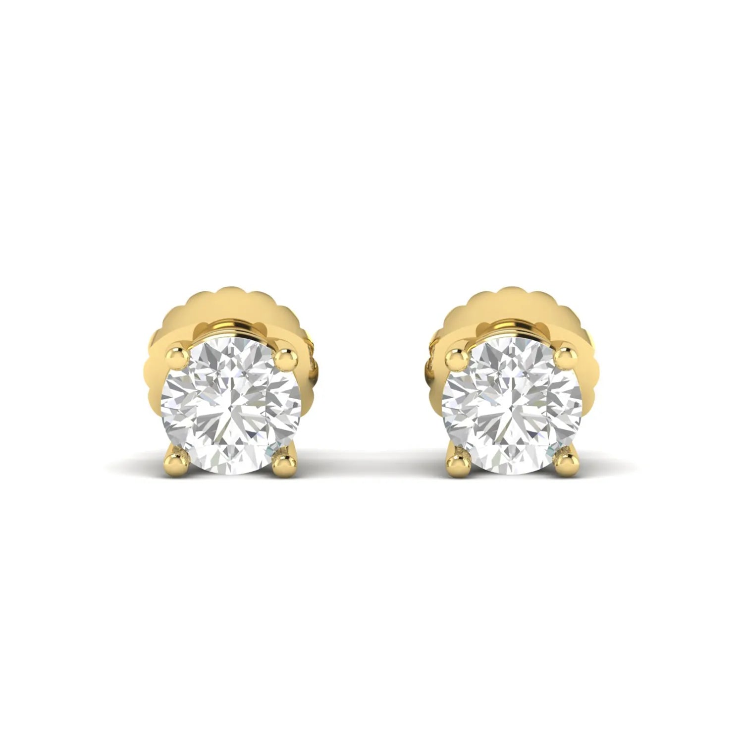 Round cut lab grown diamond solitaire stud earrings in a four-prong setting with secure screw back closure and yellow gold tone.