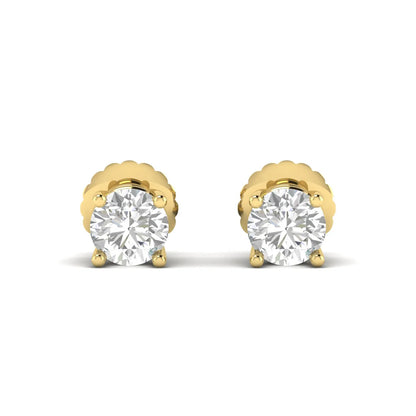 Round cut lab grown diamond solitaire stud earrings in a four-prong setting with secure screw back closure and yellow gold tone.