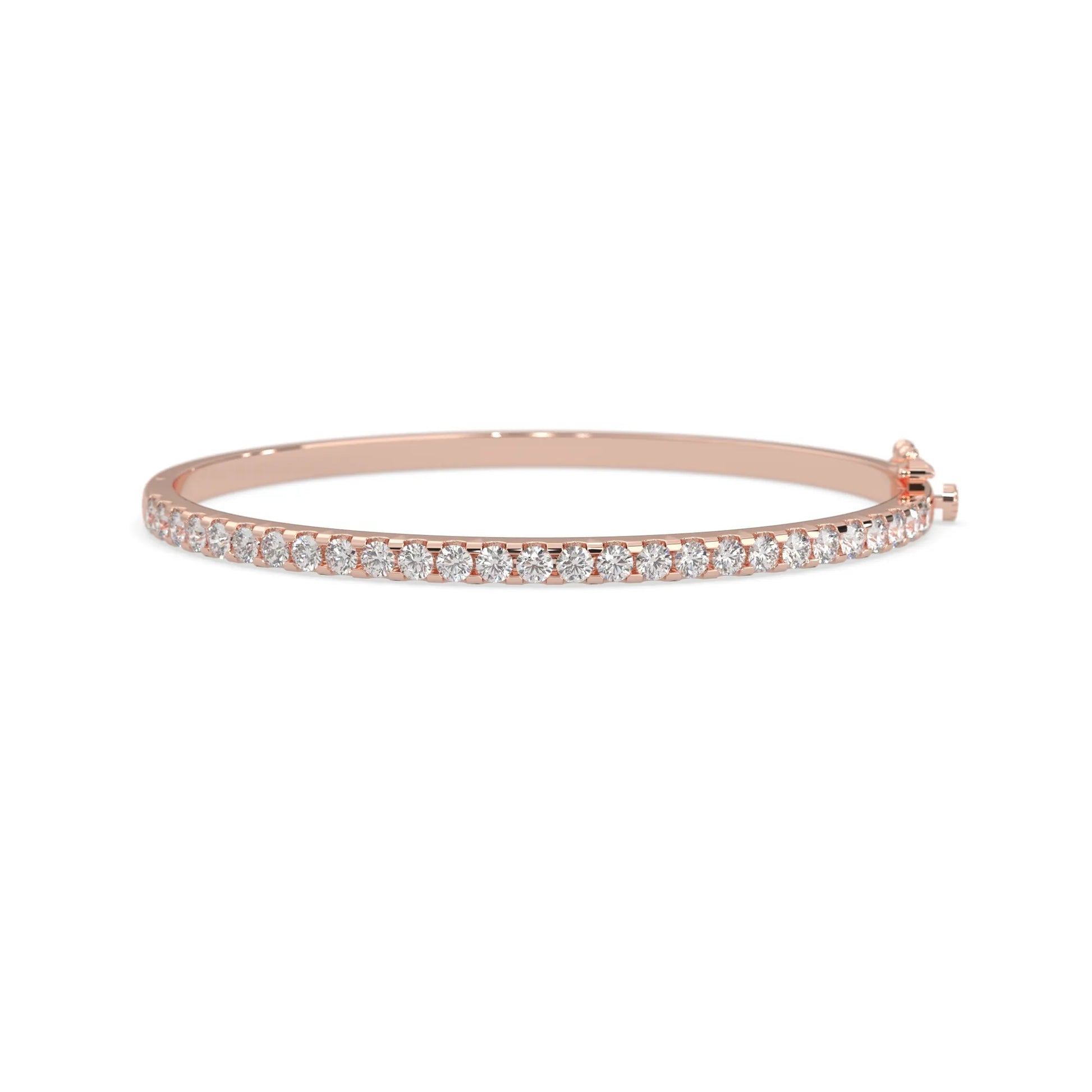 rose gold Round cut prong set lab grown diamond tennis bangle bracelet featuring a sleek polished design.