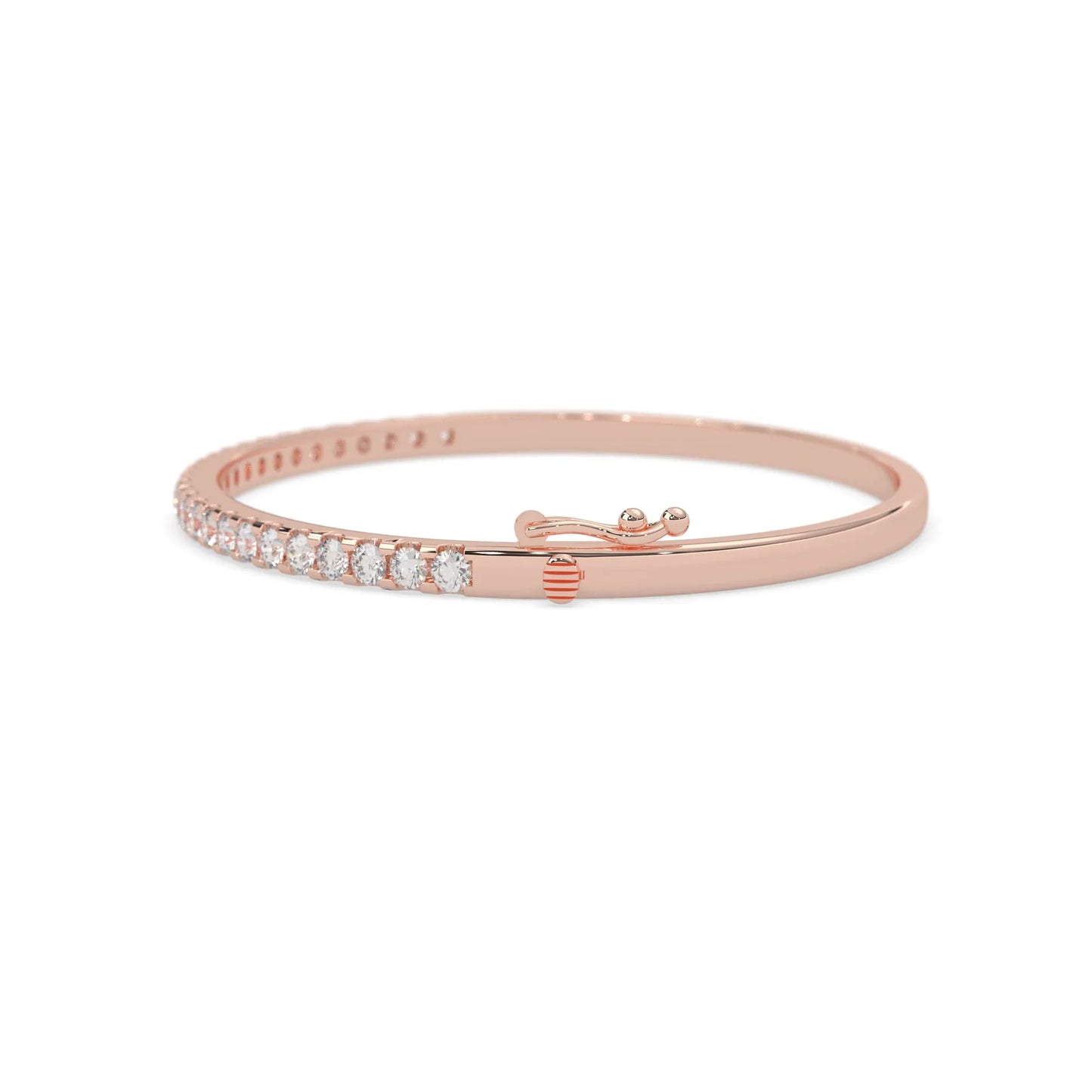 rose gold Round cut prong set lab grown diamond tennis bangle bracelet featuring a sleek polished design.
