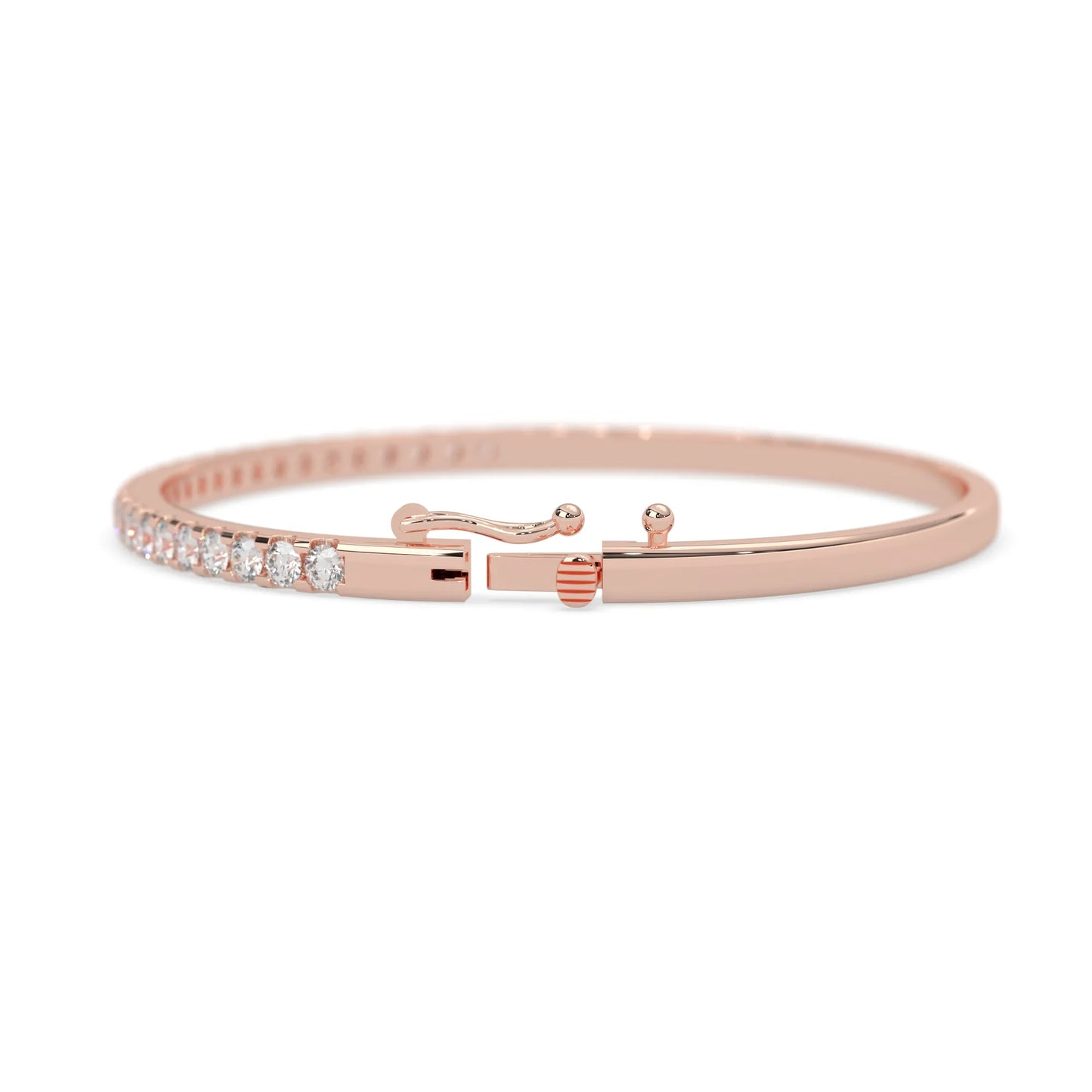 rose gold Round cut prong set lab grown diamond tennis bangle bracelet featuring a sleek polished design.