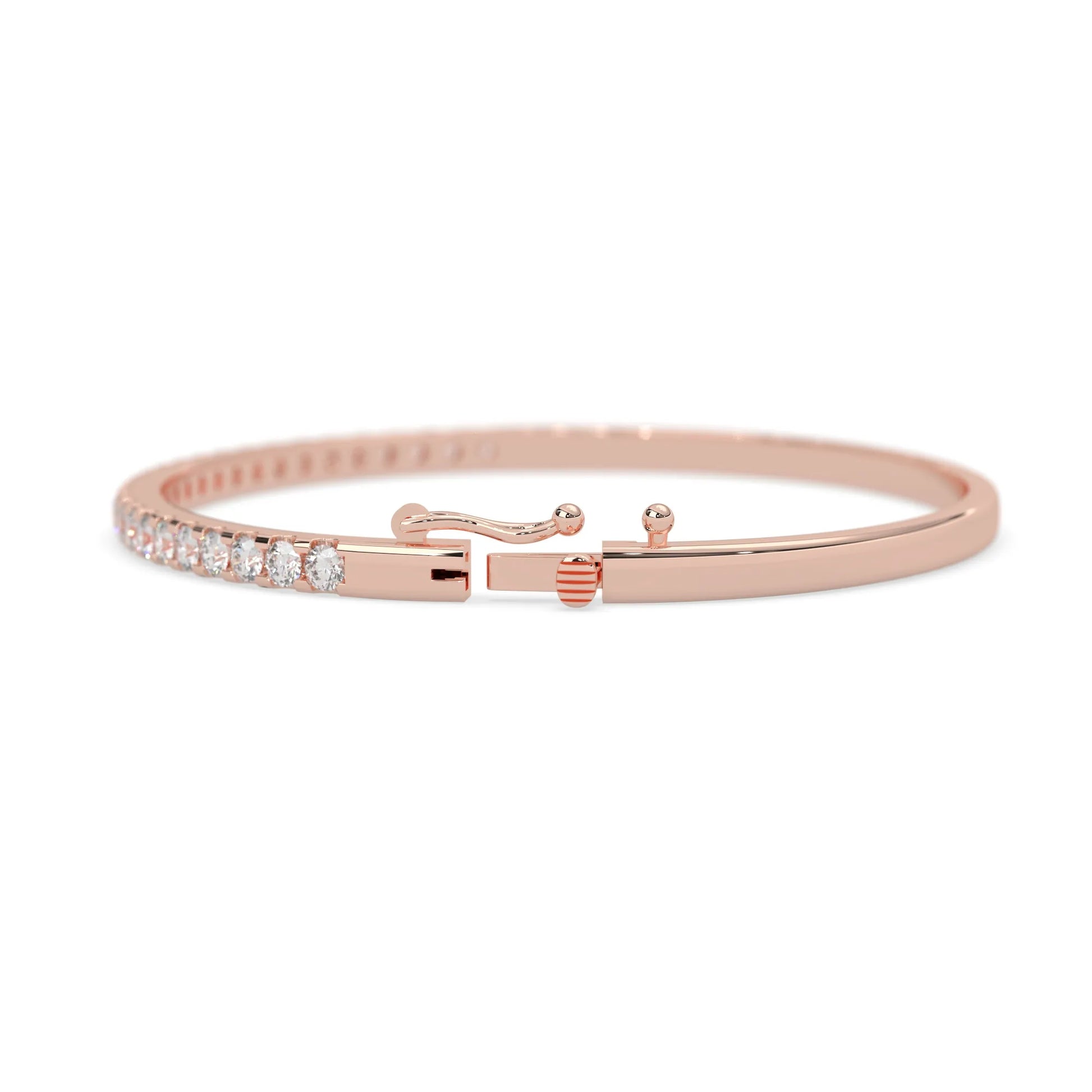 rose gold Round cut prong set lab grown diamond tennis bangle bracelet featuring a sleek polished design.