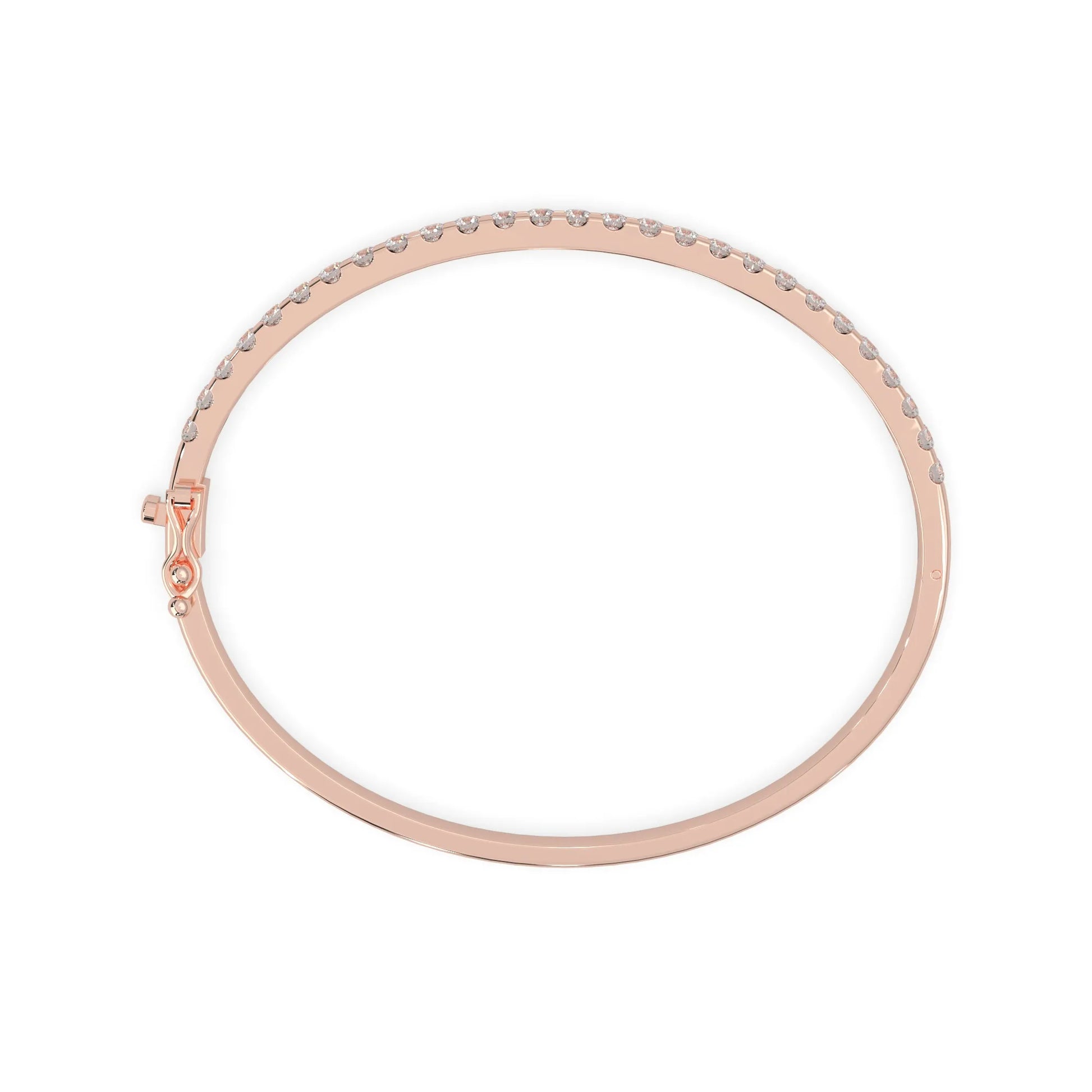 rose gold Round cut prong set lab grown diamond tennis bangle bracelet featuring a sleek polished design.