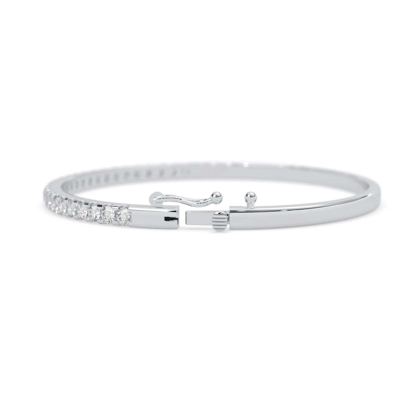 white gold Round cut prong set lab grown diamond tennis bangle bracelet featuring a sleek polished design.