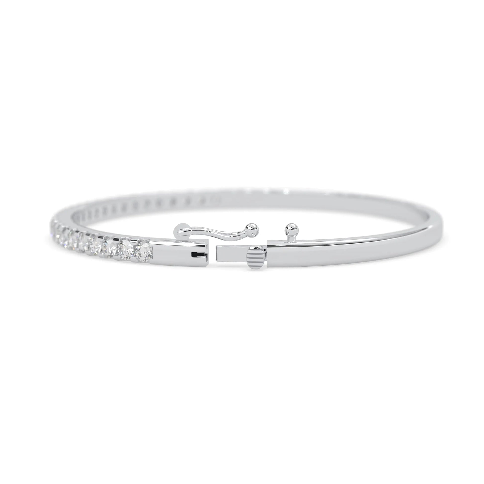white gold Round cut prong set lab grown diamond tennis bangle bracelet featuring a sleek polished design.