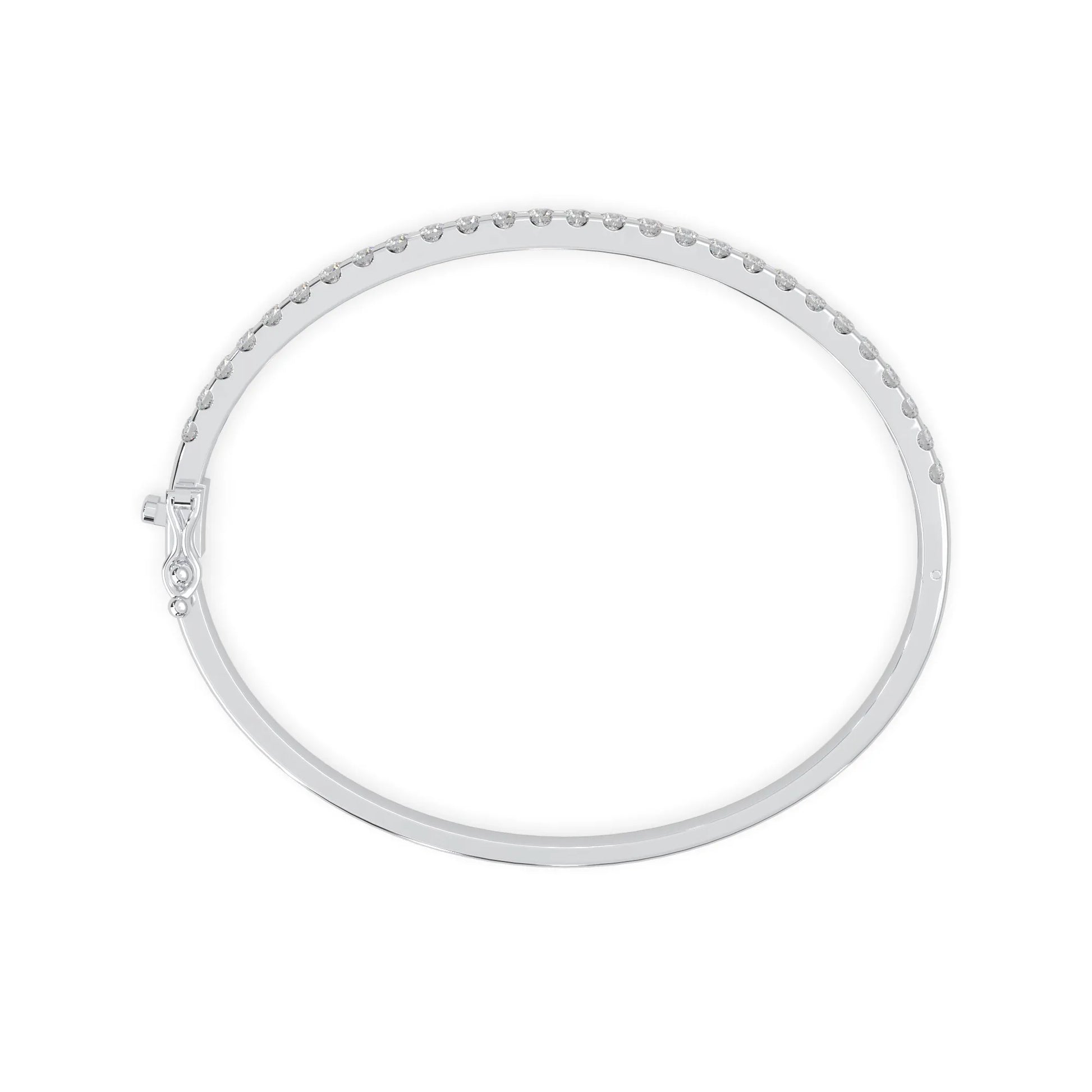white gold Round cut prong set lab grown diamond tennis bangle bracelet featuring a sleek polished design.