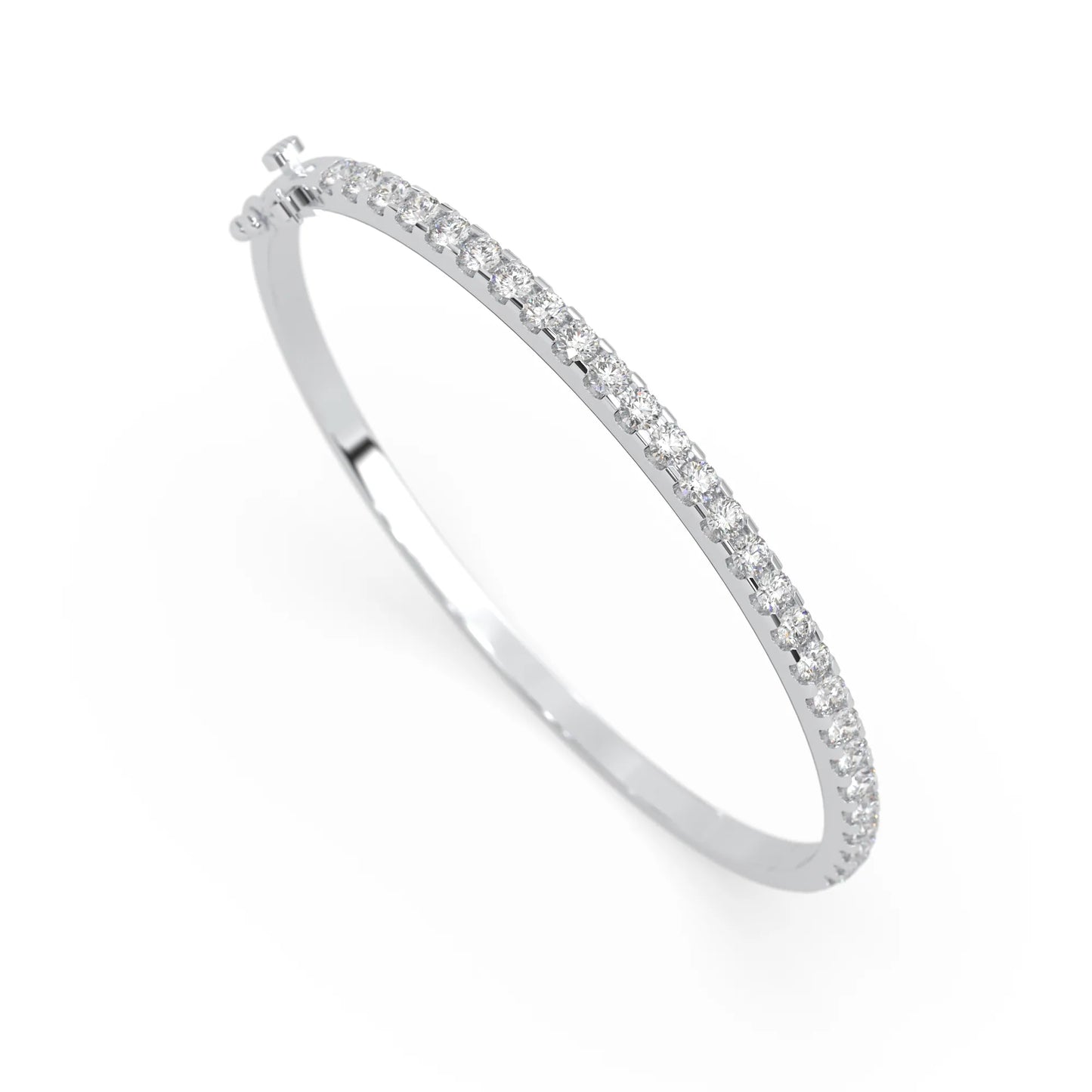 white gold Round cut prong set lab grown diamond tennis bangle bracelet featuring a sleek polished design.