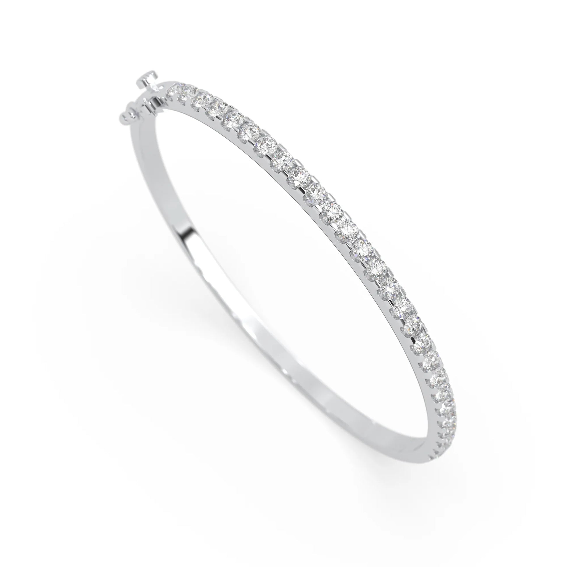 white gold Round cut prong set lab grown diamond tennis bangle bracelet featuring a sleek polished design.