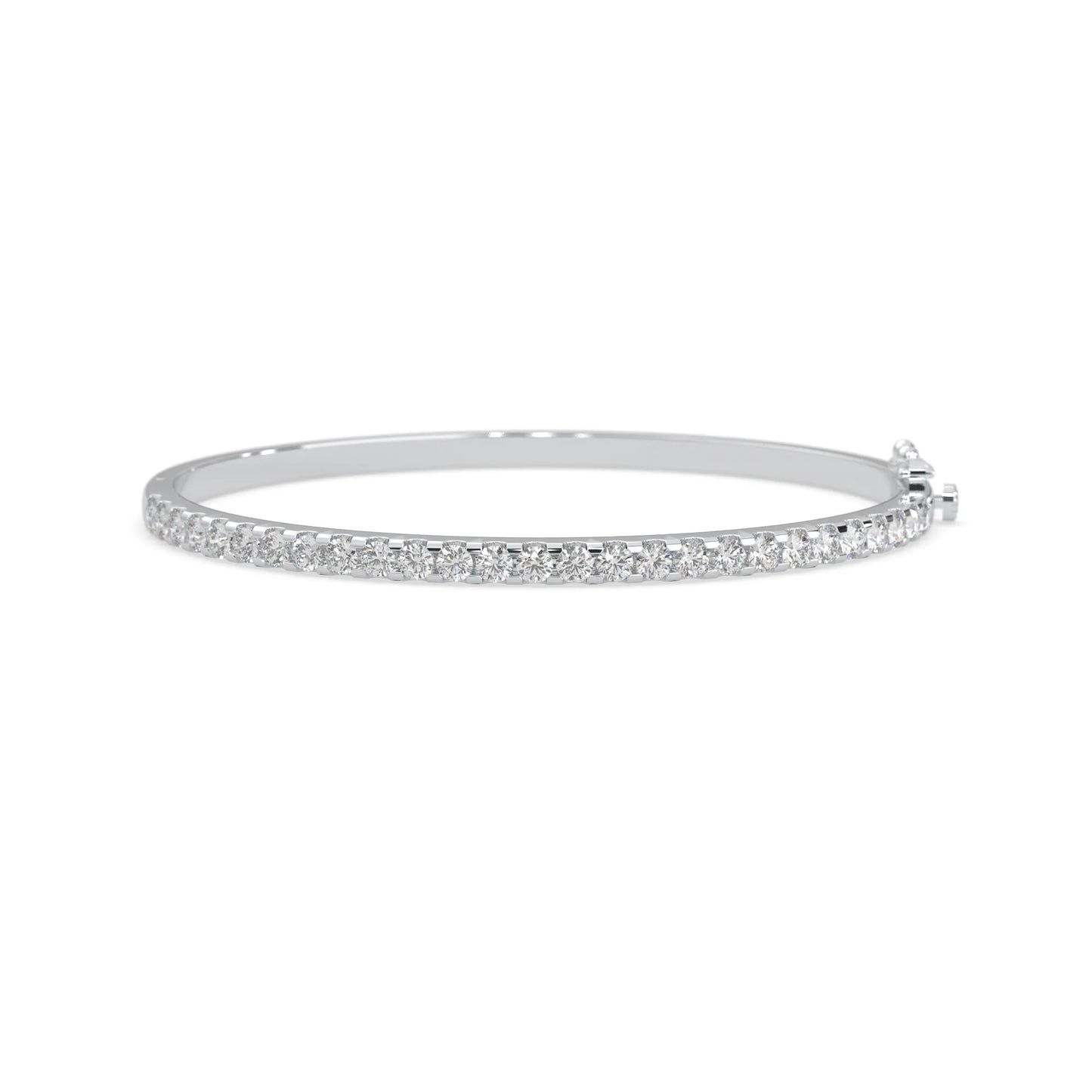 white gold Round cut prong set lab grown diamond tennis bangle bracelet featuring a sleek polished design.