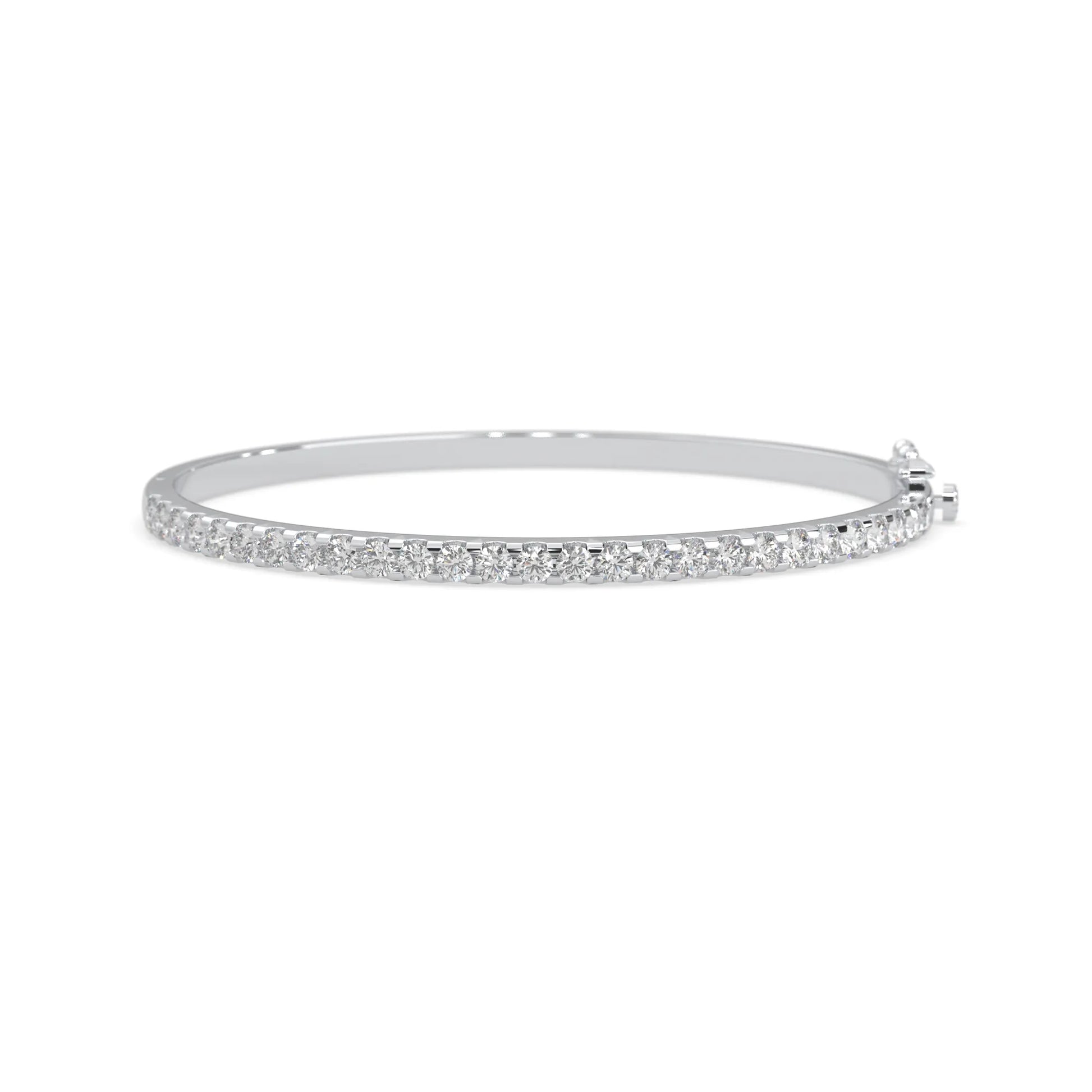 white gold Round cut prong set lab grown diamond tennis bangle bracelet featuring a sleek polished design.