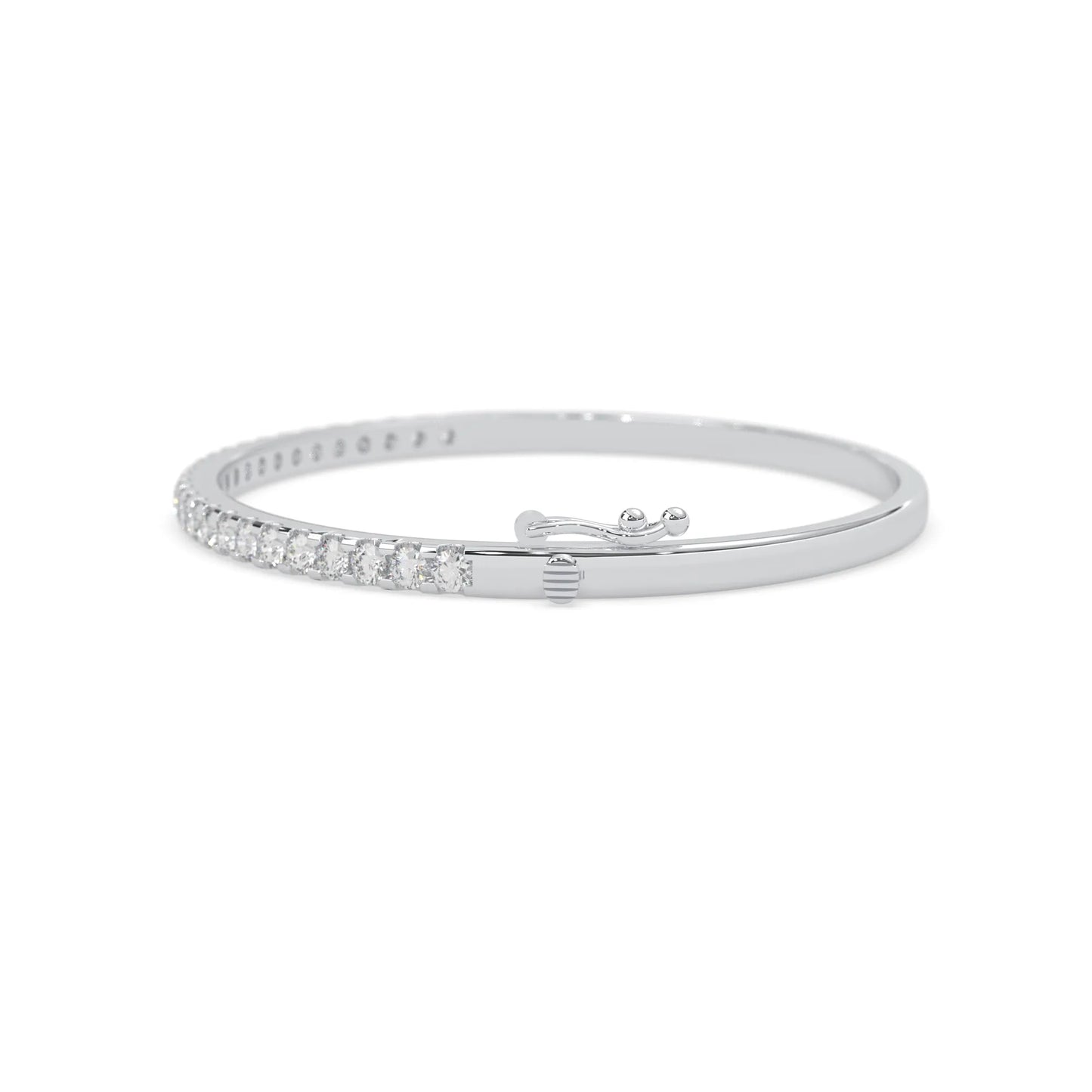 white gold Round cut prong set lab grown diamond tennis bangle bracelet featuring a sleek polished design.