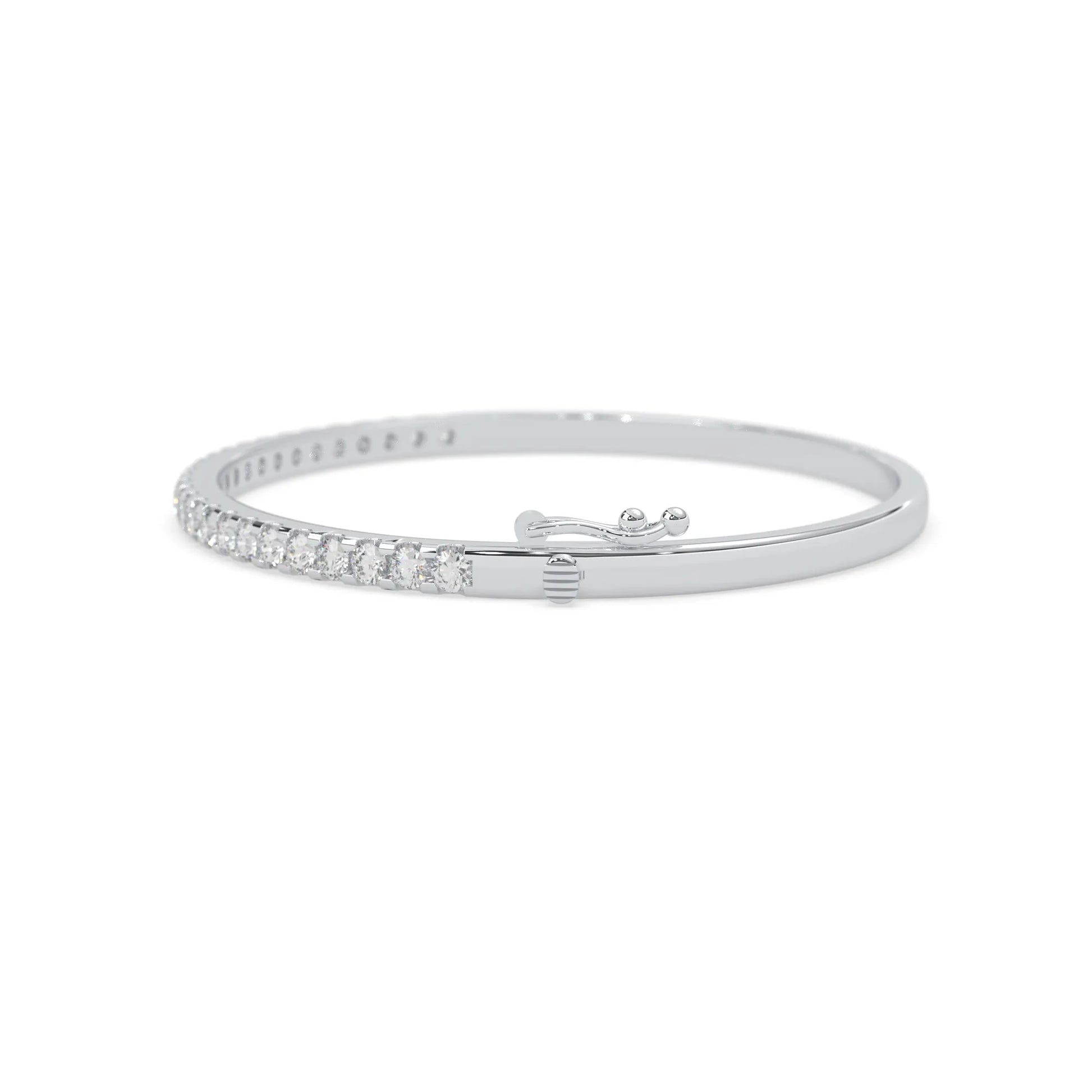 white gold Round cut prong set lab grown diamond tennis bangle bracelet featuring a sleek polished design.