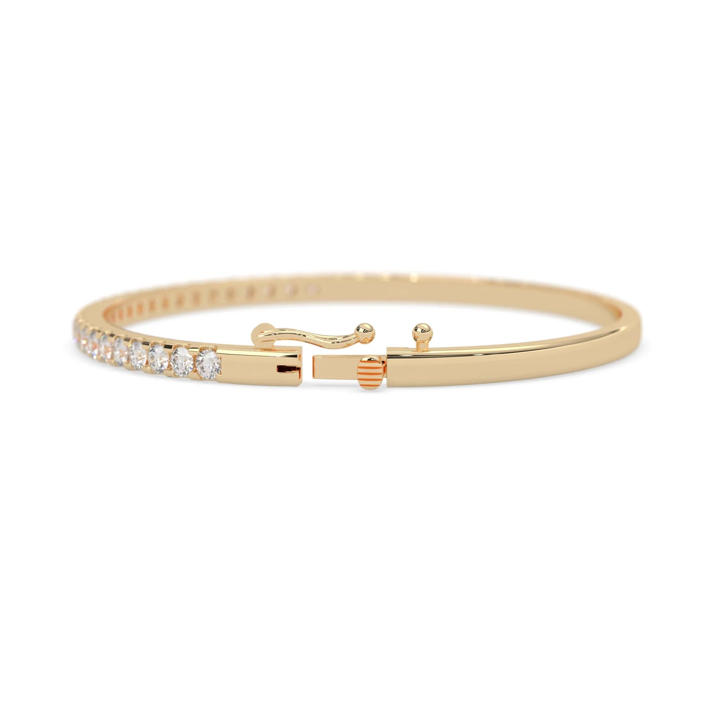 yellow gold Round cut prong set lab grown diamond tennis bangle bracelet featuring a sleek polished design.