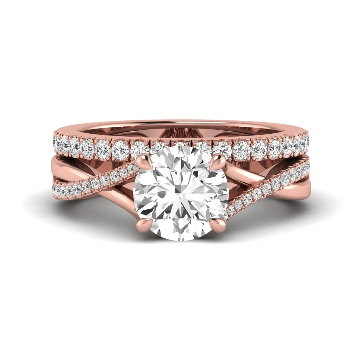 Round prong set lab grown diamond twisted shank bridal ring set featuring a 2.00 carat round center diamond with pavé round side diamonds in rose gold finish.