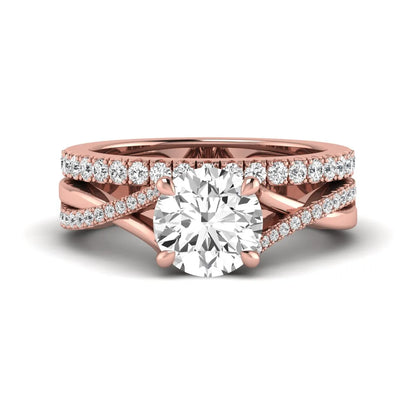 Round prong set lab grown diamond twisted shank bridal ring set featuring a 2.00 carat round center diamond with pavé round side diamonds in rose gold finish.