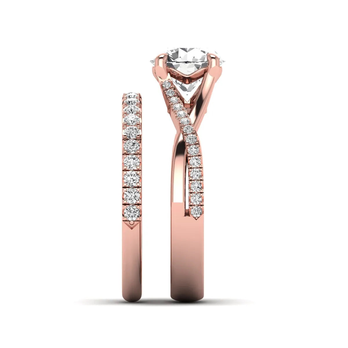 Round prong set lab grown diamond twisted shank bridal ring set featuring a 2.00 carat round center diamond with pavé round side diamonds in rose gold finish.