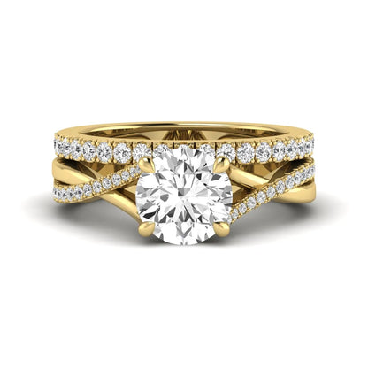 Round prong set lab grown diamond twisted shank bridal ring set featuring a 2.00 carat round center diamond with pavé round side diamonds in yellow gold finish.