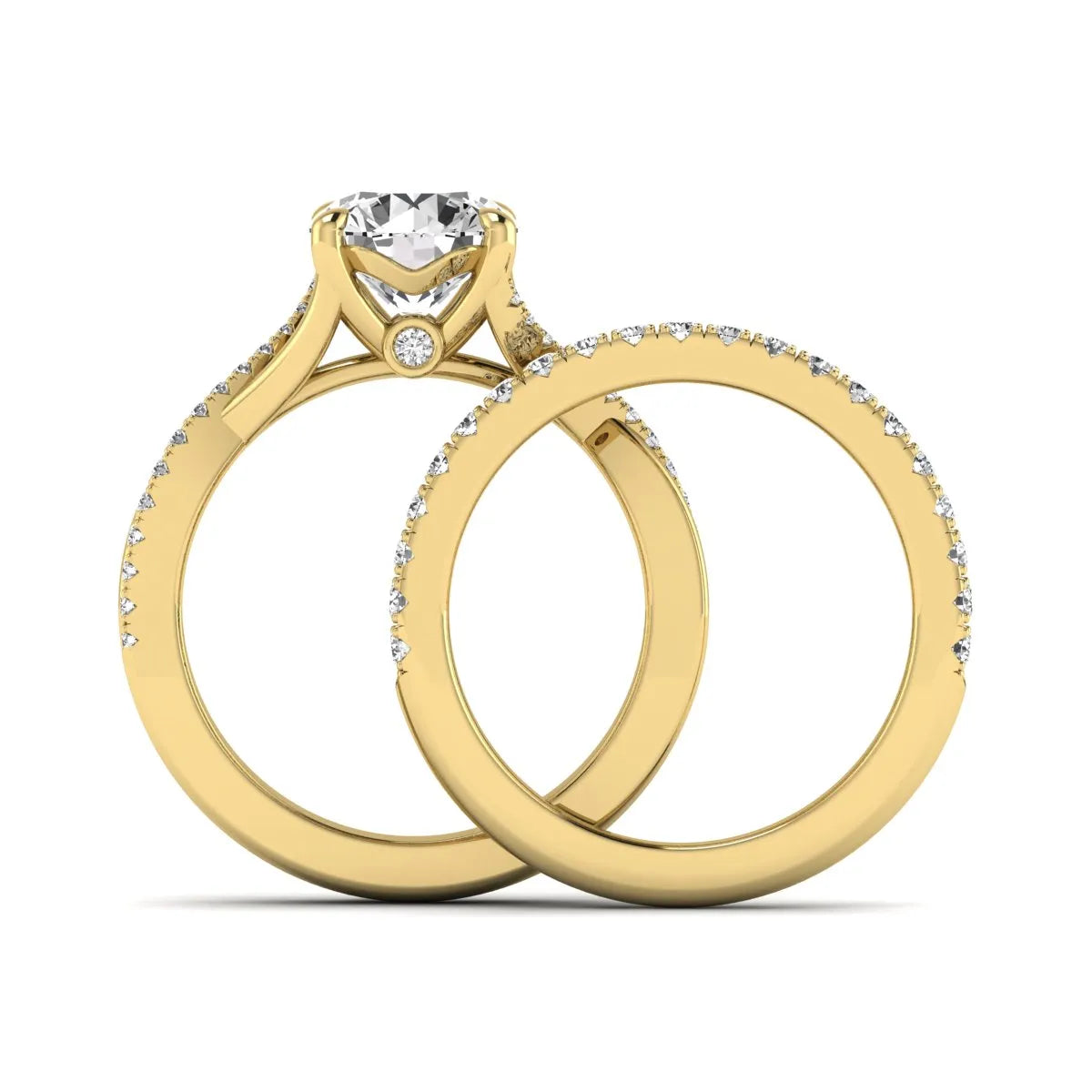 Round prong set lab grown diamond twisted shank bridal ring set featuring a 2.00 carat round center diamond with pavé round side diamonds in yellow gold finish.