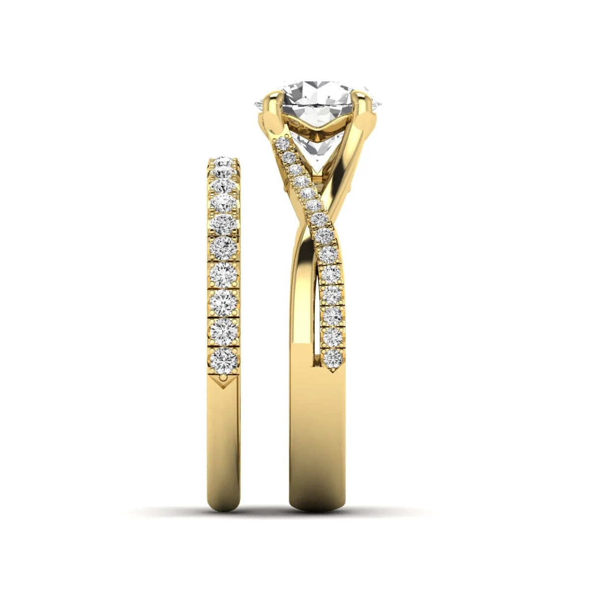 Round prong set lab grown diamond twisted shank bridal ring set featuring a 2.00 carat round center diamond with pavé round side diamonds in yellow gold finish.