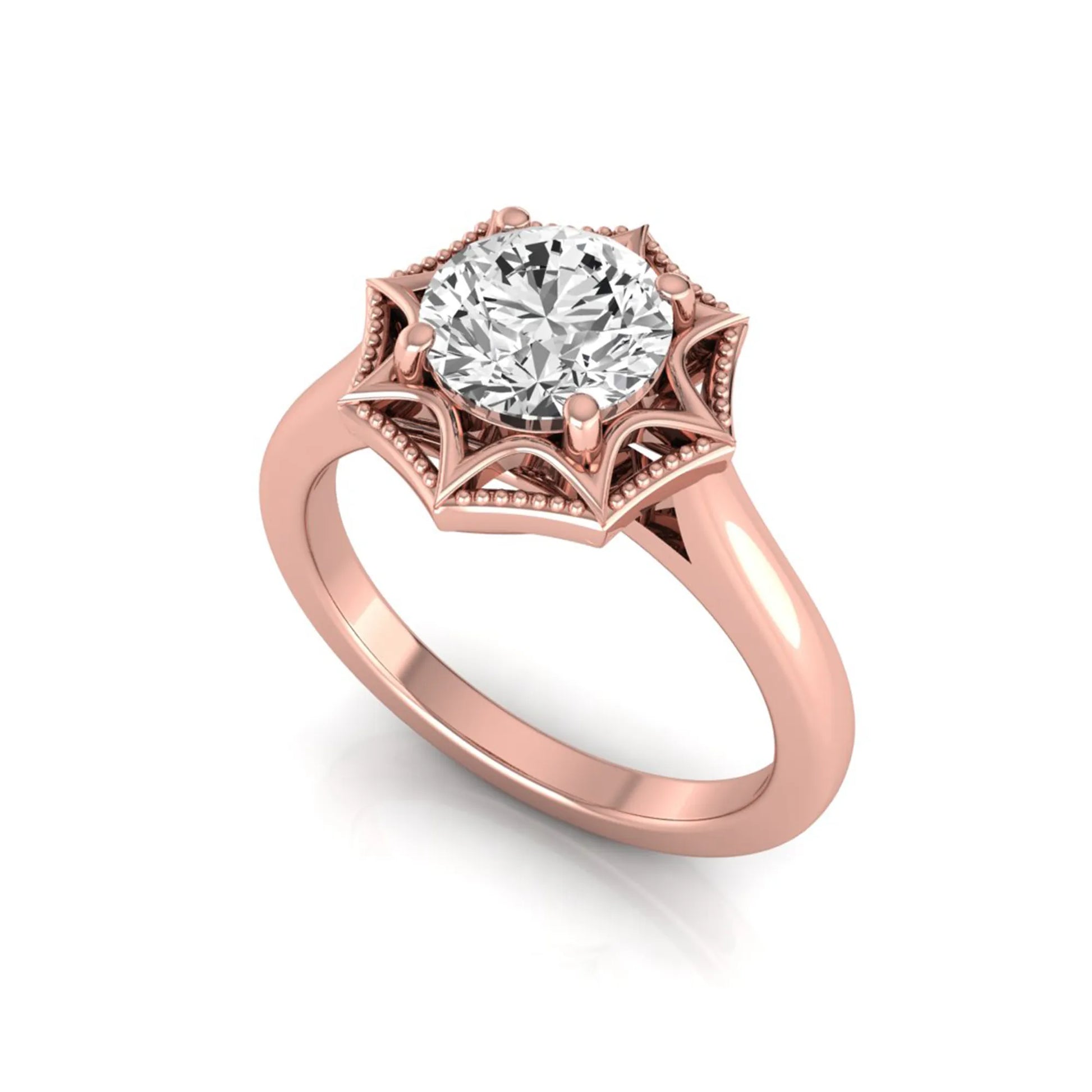 Round prong set lab grown diamond vintage solitaire engagement ring featuring a 1.28 carat round center diamond in an intricate starburst setting with milgrain detailing in rose gold