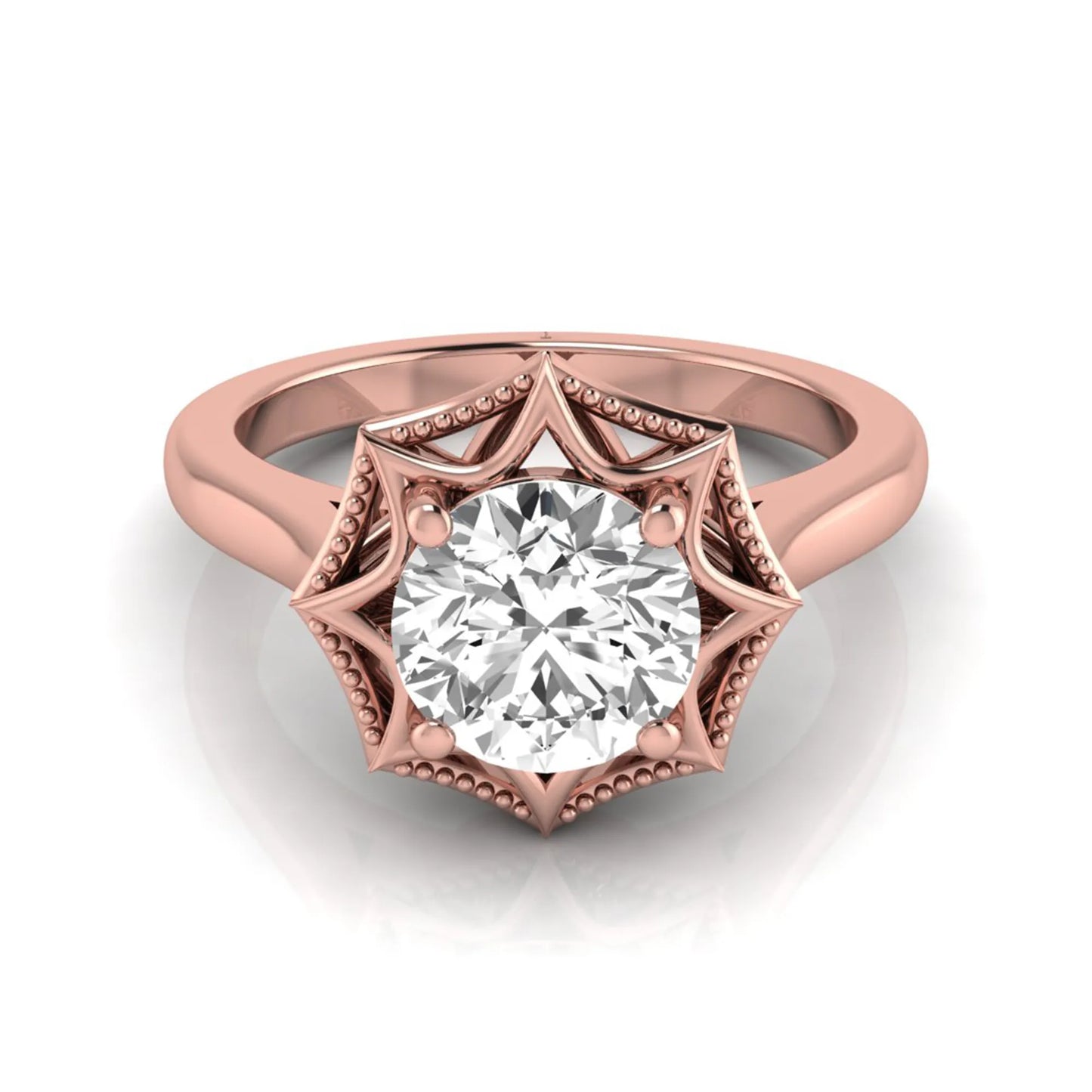 Round prong set lab grown diamond vintage solitaire engagement ring featuring a 1.28 carat round center diamond in an intricate starburst setting with milgrain detailing in rose gold