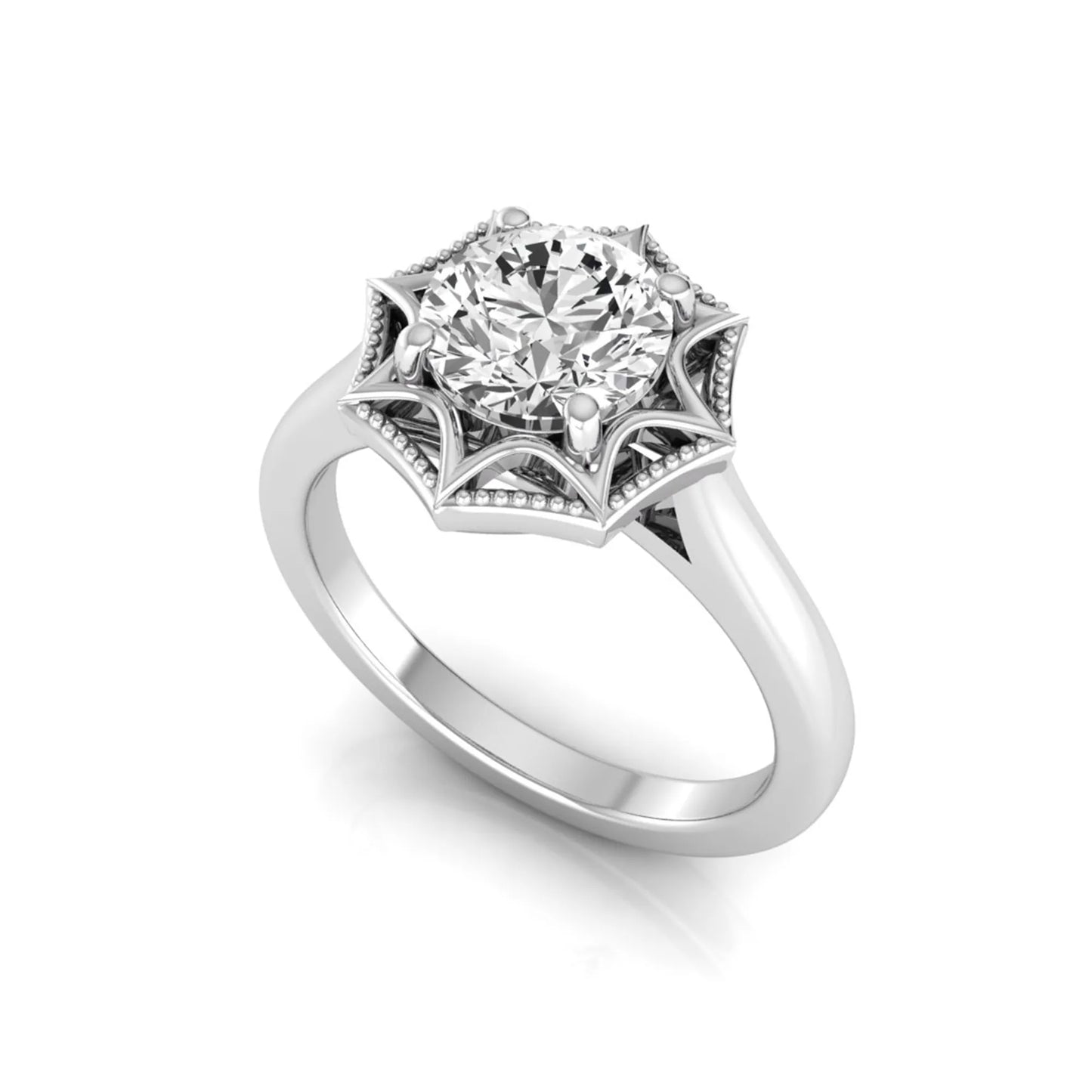 Round prong set lab grown diamond vintage solitaire engagement ring featuring a 1.28 carat round center diamond in an intricate starburst setting with milgrain detailing in white gold