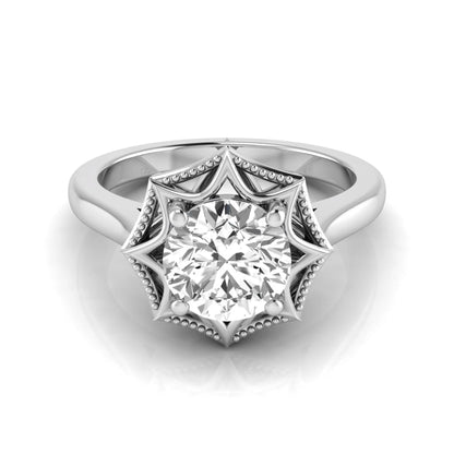 Round prong set lab grown diamond vintage solitaire engagement ring featuring a 1.28 carat round center diamond in an intricate starburst setting with milgrain detailing in white gold