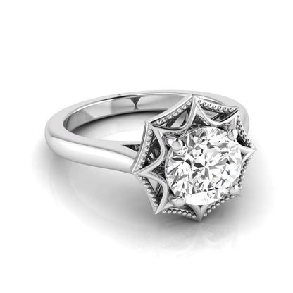Round prong set lab grown diamond vintage solitaire engagement ring featuring a 1.28 carat round center diamond in an intricate starburst setting with milgrain detailing in white gold