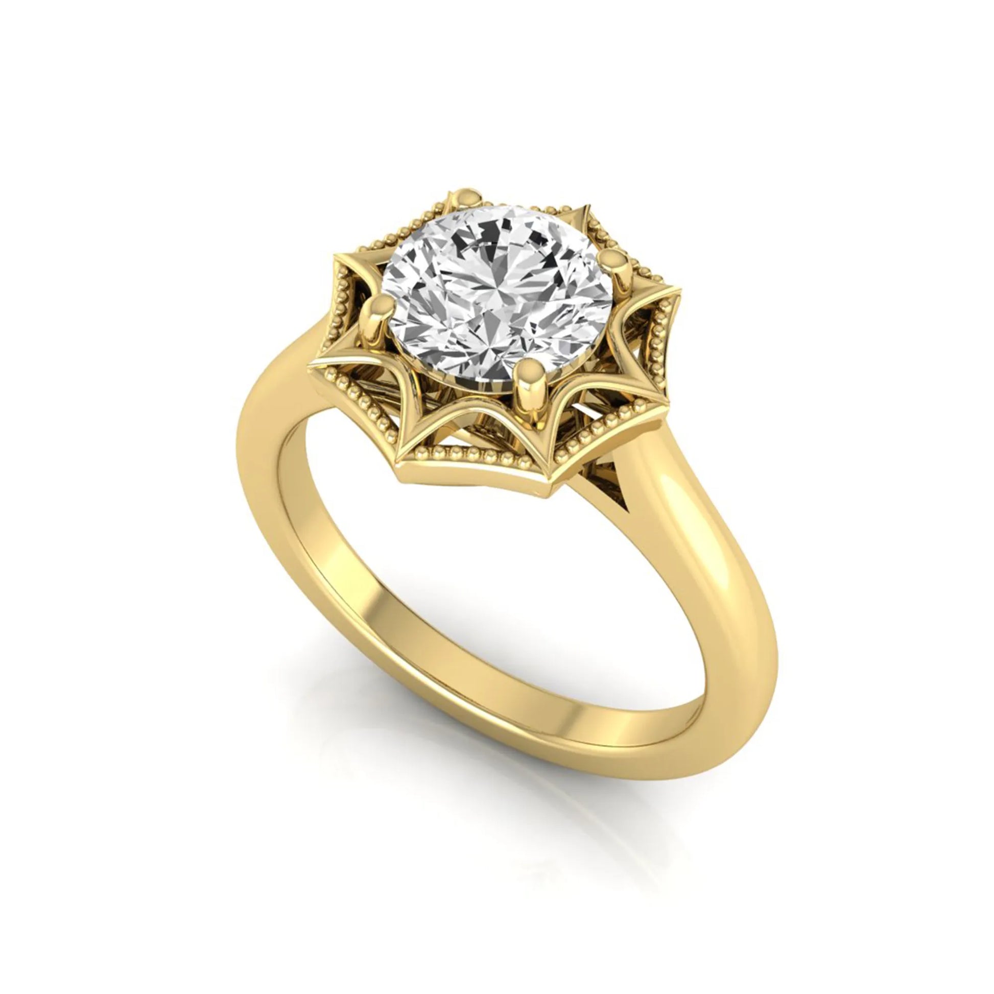 Round prong set lab grown diamond vintage solitaire engagement ring featuring a 1.28 carat round center diamond in an intricate starburst setting with milgrain detailing in yellow gold