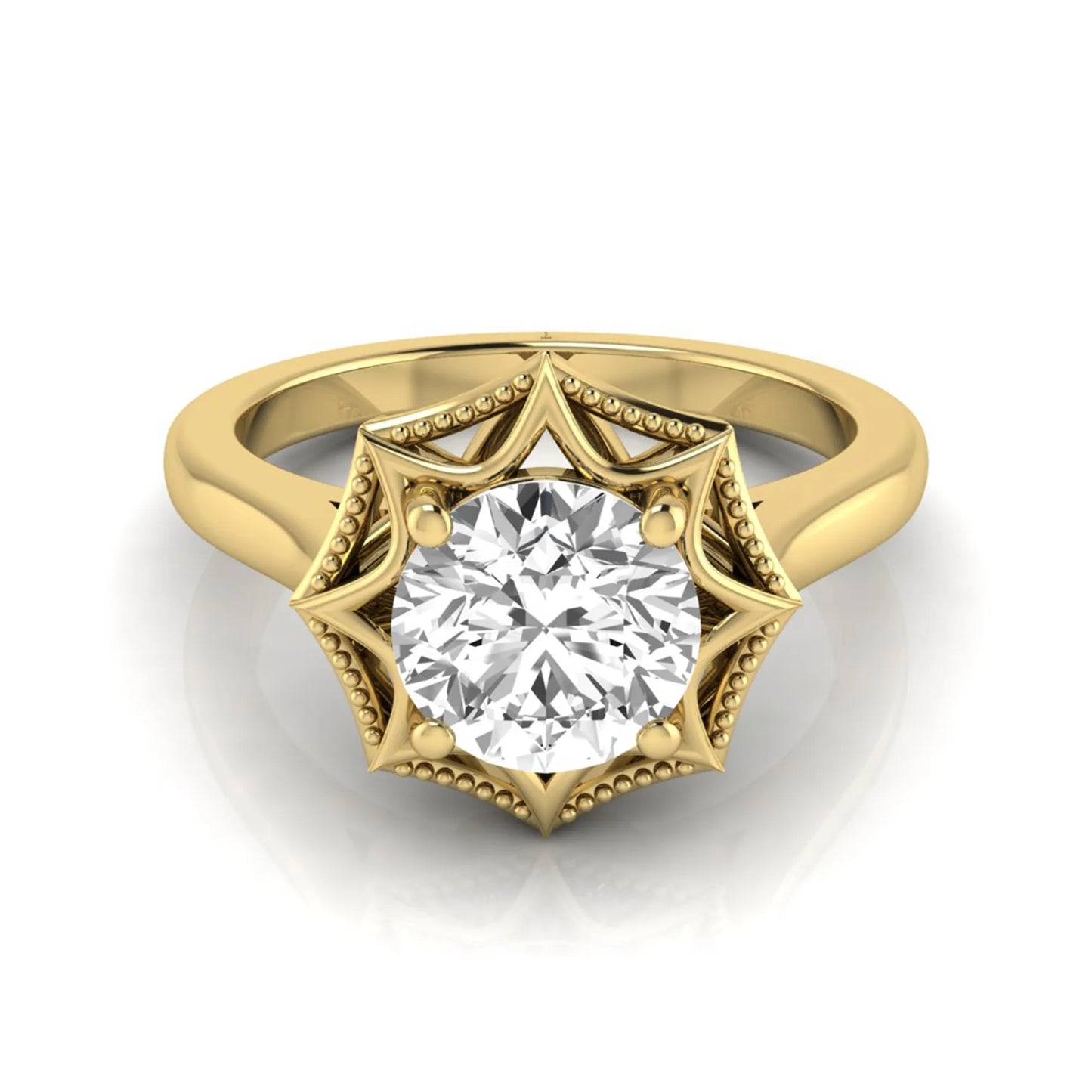 Round prong set lab grown diamond vintage solitaire engagement ring featuring a 1.28 carat round center diamond in an intricate starburst setting with milgrain detailing in yellow gold
