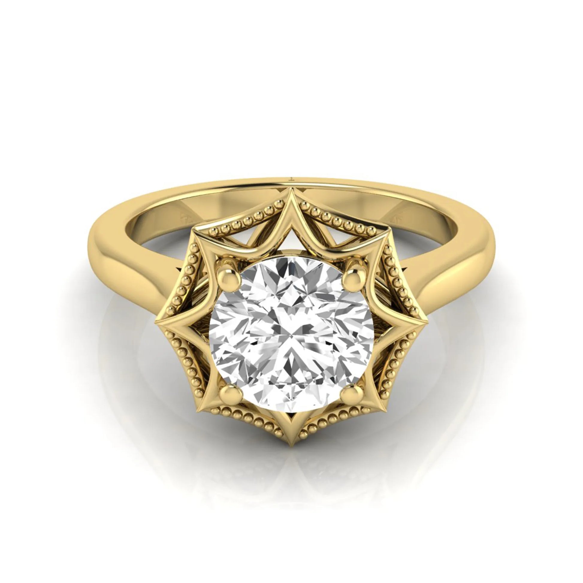 Round prong set lab grown diamond vintage solitaire engagement ring featuring a 1.28 carat round center diamond in an intricate starburst setting with milgrain detailing in yellow gold